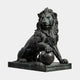 Monumental Classical Guardian Lion Bronze Sculpture by Giant Sculptures, seated with a forepaw on a sphere, dark blue-black patina, on an inscribed plinth.