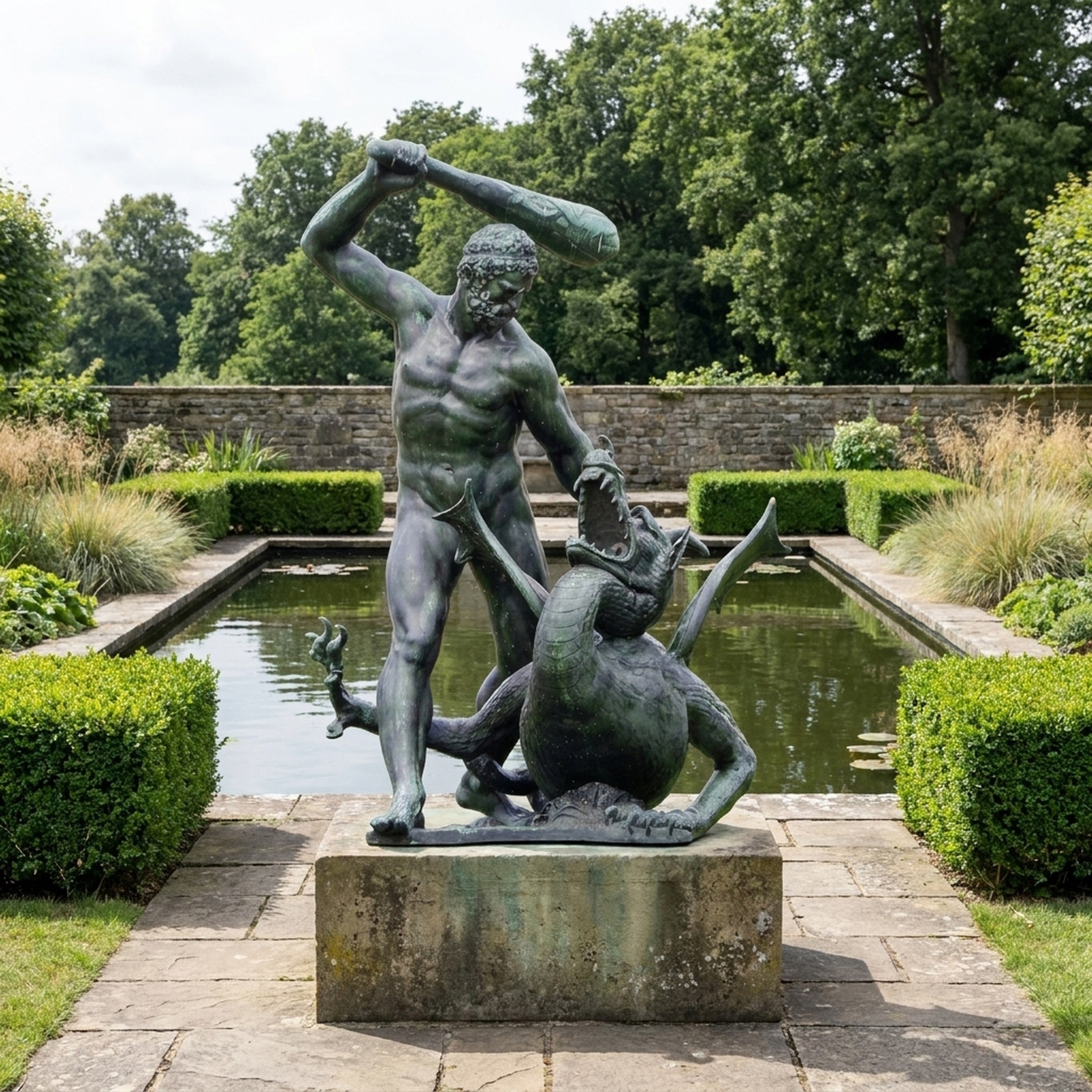 Monumental Classical Hero and Dragon Bronze Sculpture by Giant Sculptures, 250cm, verdigris patina, on stone plinth beside a formal garden pond.