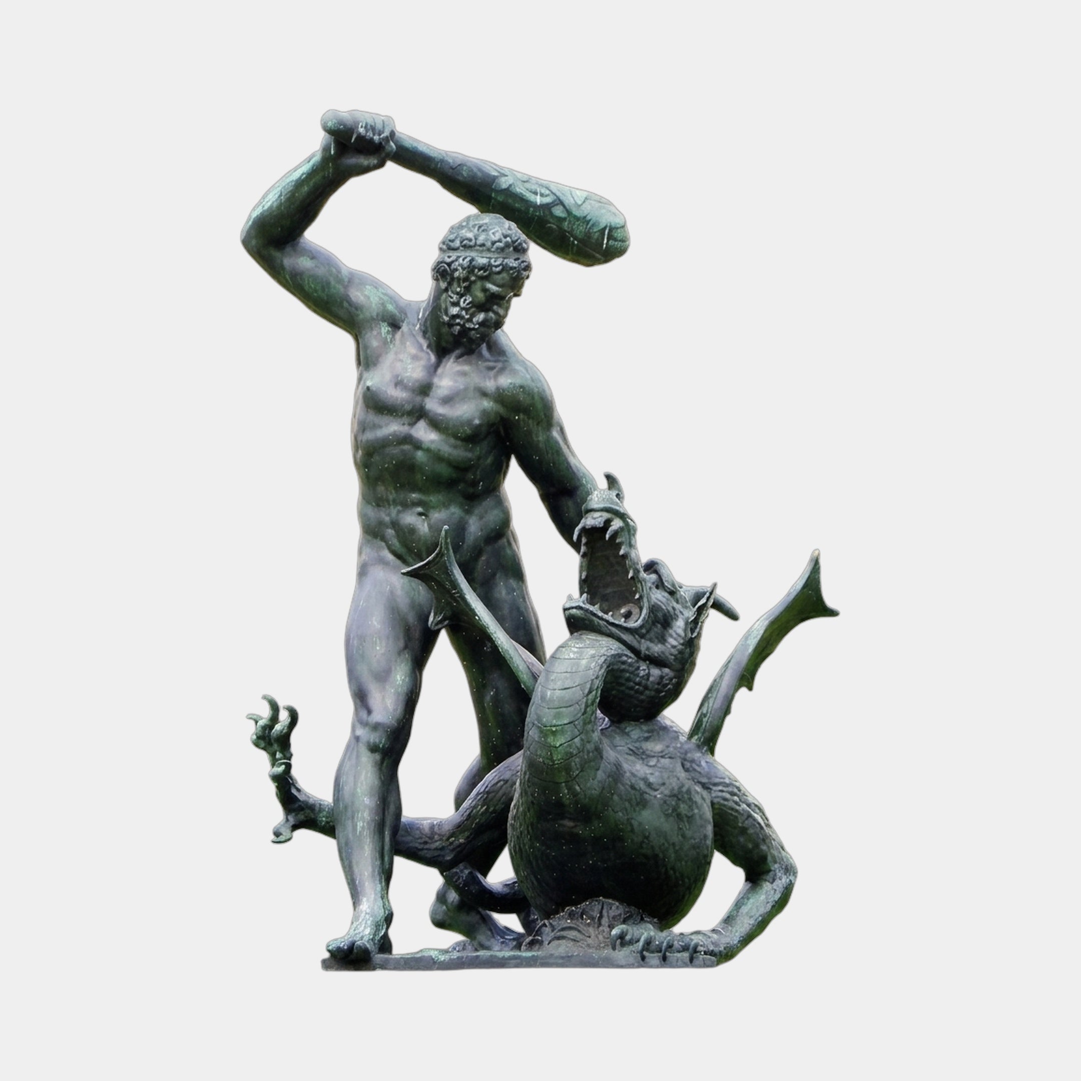 Giant Sculptures Monumental Classical Hero and Dragon Bronze Sculpture 250cm in verdigris patina, hero raising club over a winged scaled dragon, plain background.