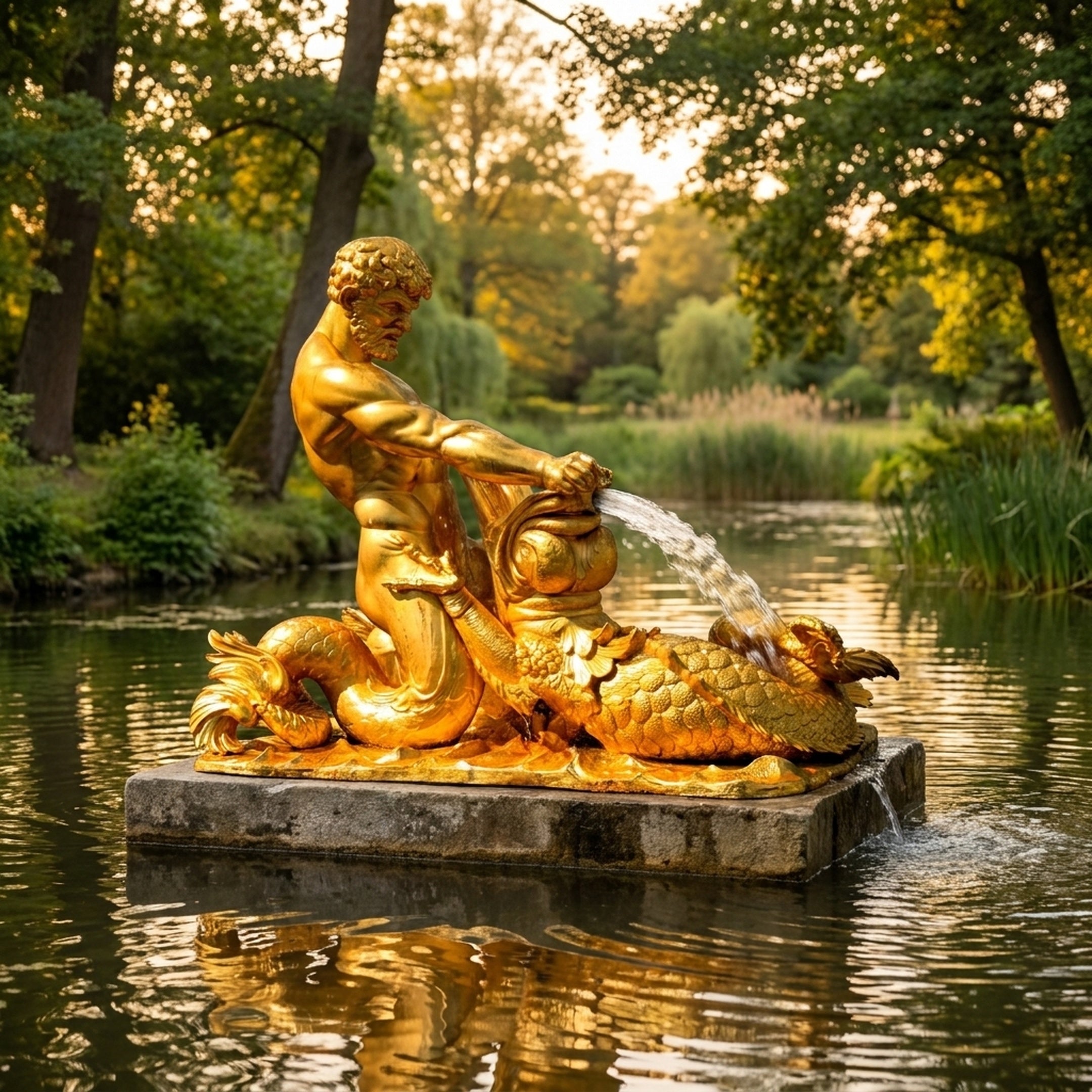 Giant Sculptures Monumental Classical Hero and Sea Creature Bronze Fountain in polished gold finish, kneeling figure pouring water over a scaly beast in a garden pond.