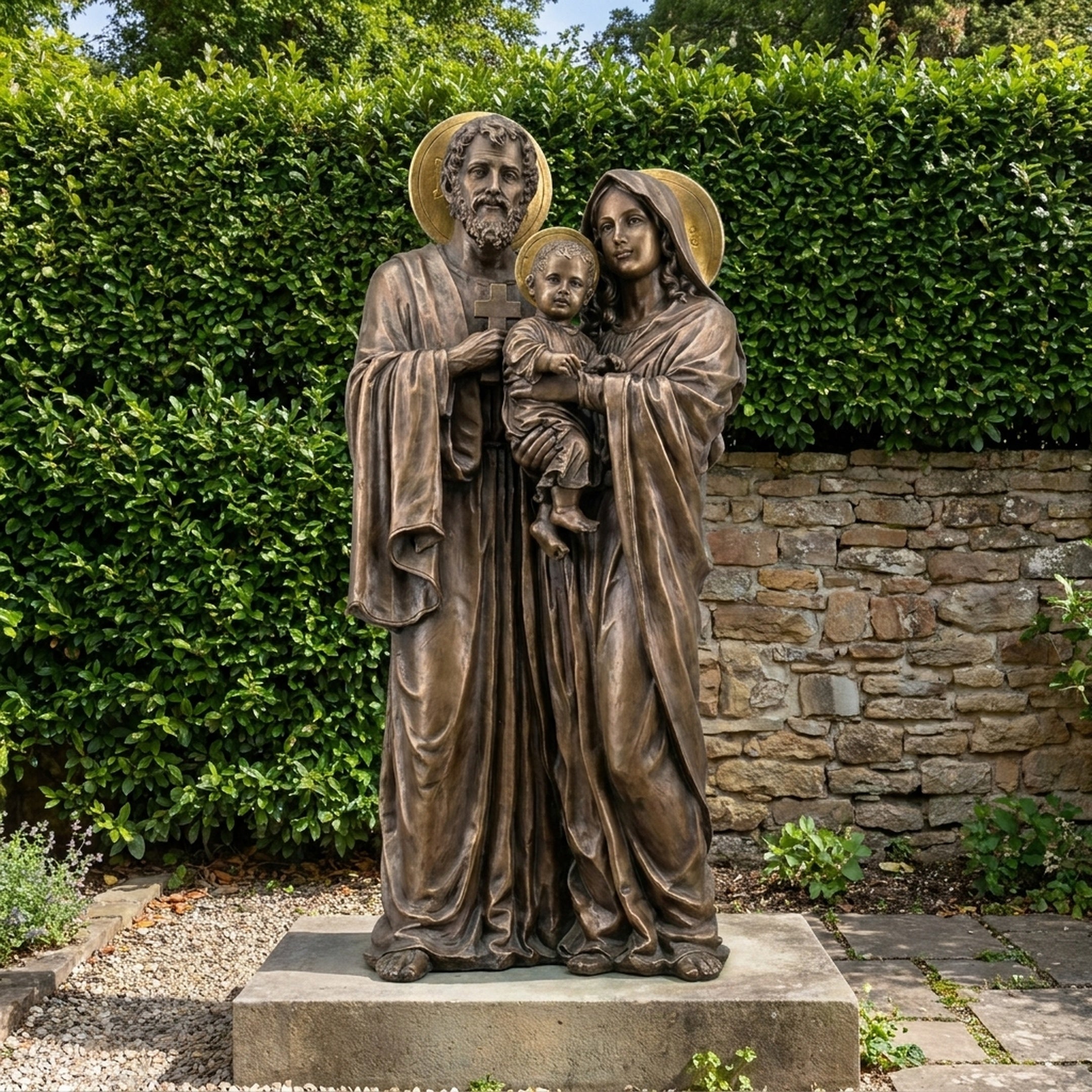 Monumental Classical Holy Family Bronze Sculpture by Giant Sculptures, 250cm, with gilded halos and stone-effect finish, displayed on a plinth before a green hedge.