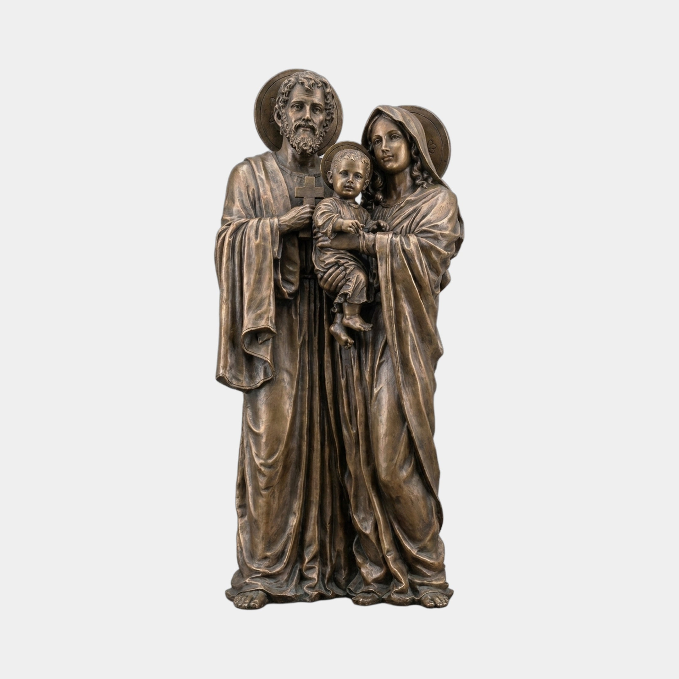 Monumental Classical Holy Family Bronze Sculpture by Giant Sculptures, 250cm, showing Joseph, Mary, and the Christ Child with gilded halos on a plain background.