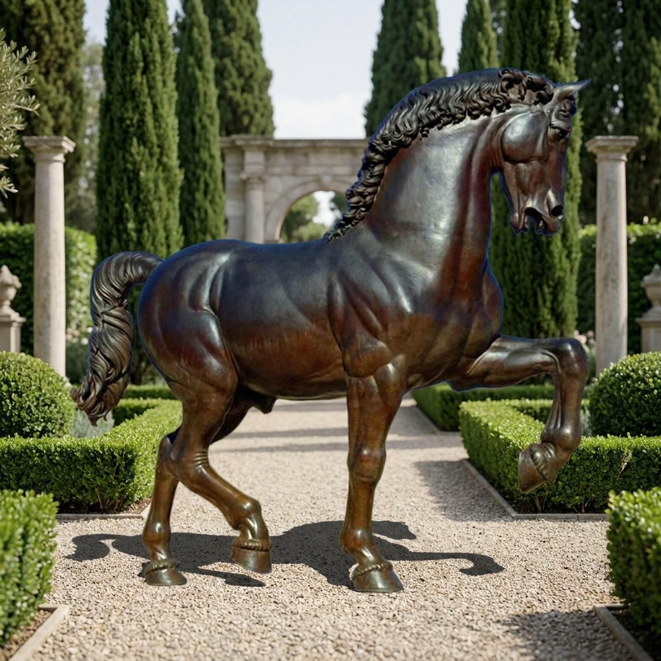 Monumental Classical Horse Bronze Sculpture by Giant Sculptures, dark-patinated stallion mid-prance on a gravel garden path lined with cypress trees and hedges.