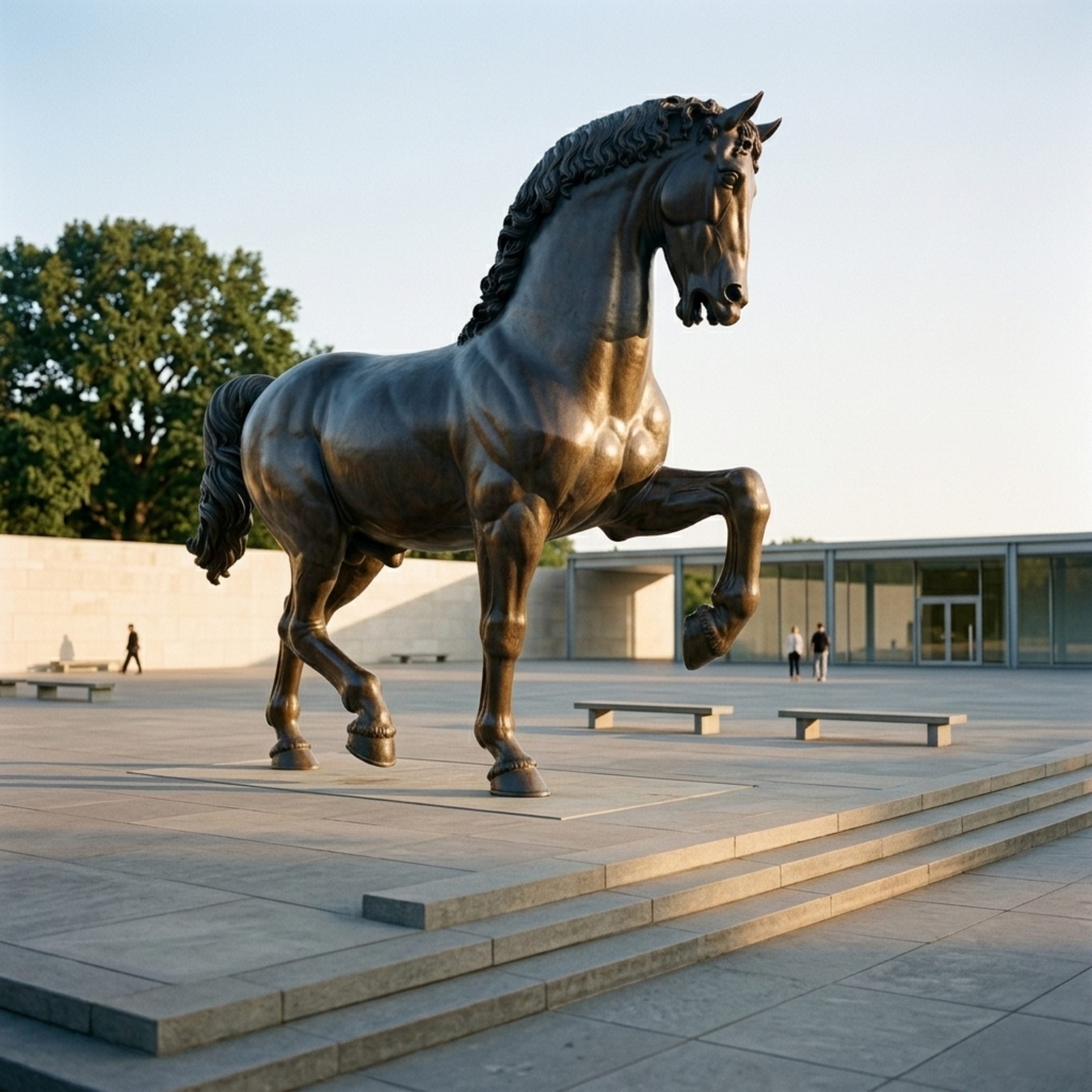 Monumental Classical Horse Bronze Sculpture by Giant Sculptures, dark-patinated stallion mid-prance with raised foreleg, set on a paved plaza outside a modern building.