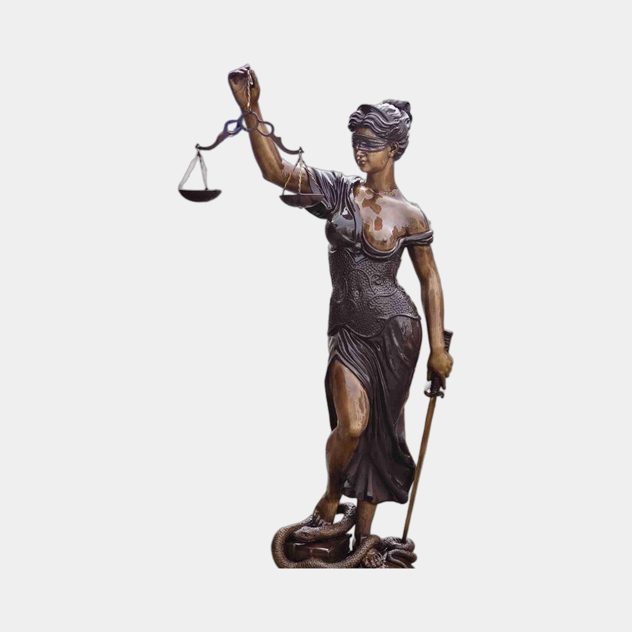 Monumental Classical Lady Justice Bronze Sculpture by Giant Sculptures, 220cm blindfolded Justitia with raised scales, lowered sword, and serpent at her feet.