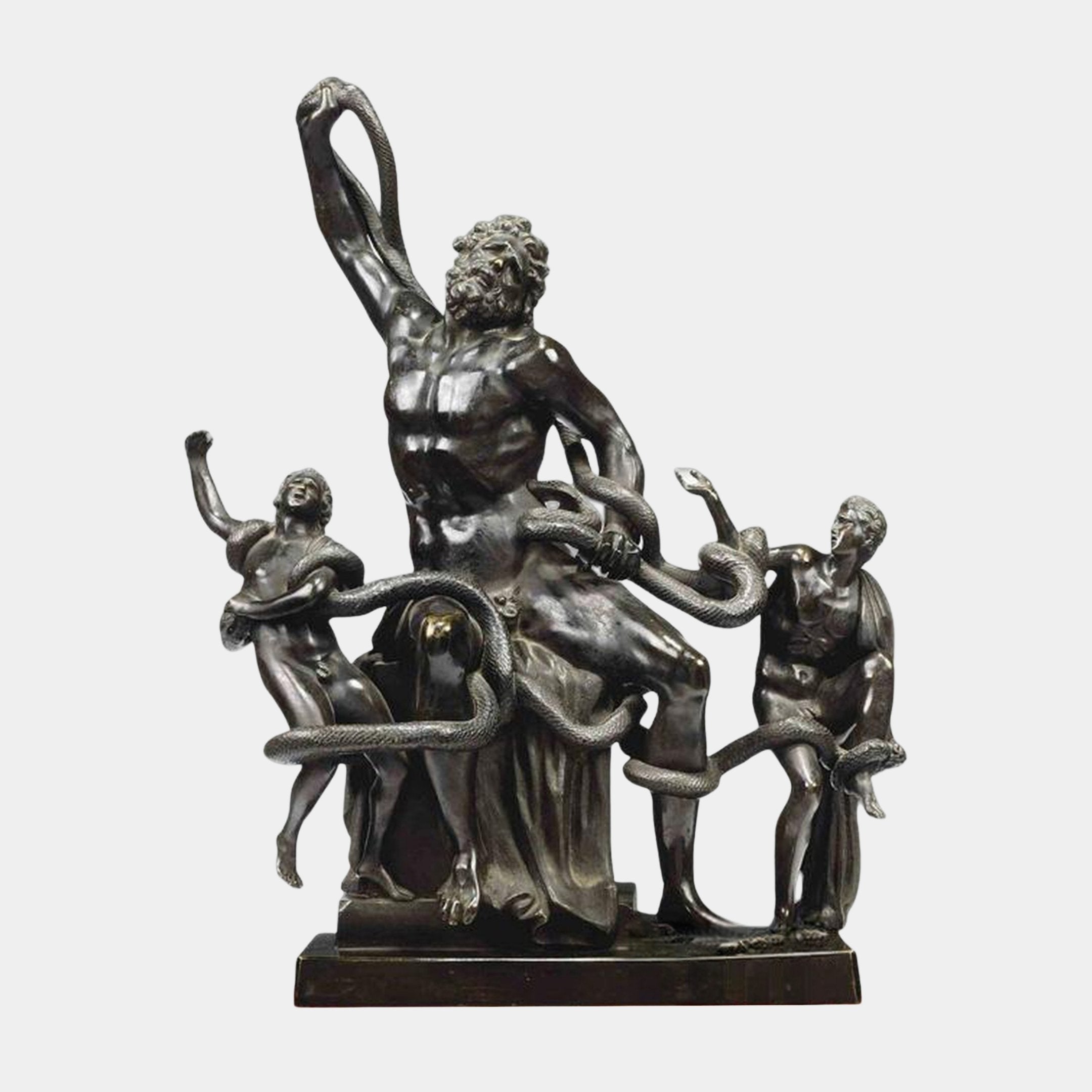 Monumental Classical Laocoön and Sons Bronze Sculpture by Giant Sculptures, 220cm dark patinated group of three struggling figures entwined with serpents on a stepped base.