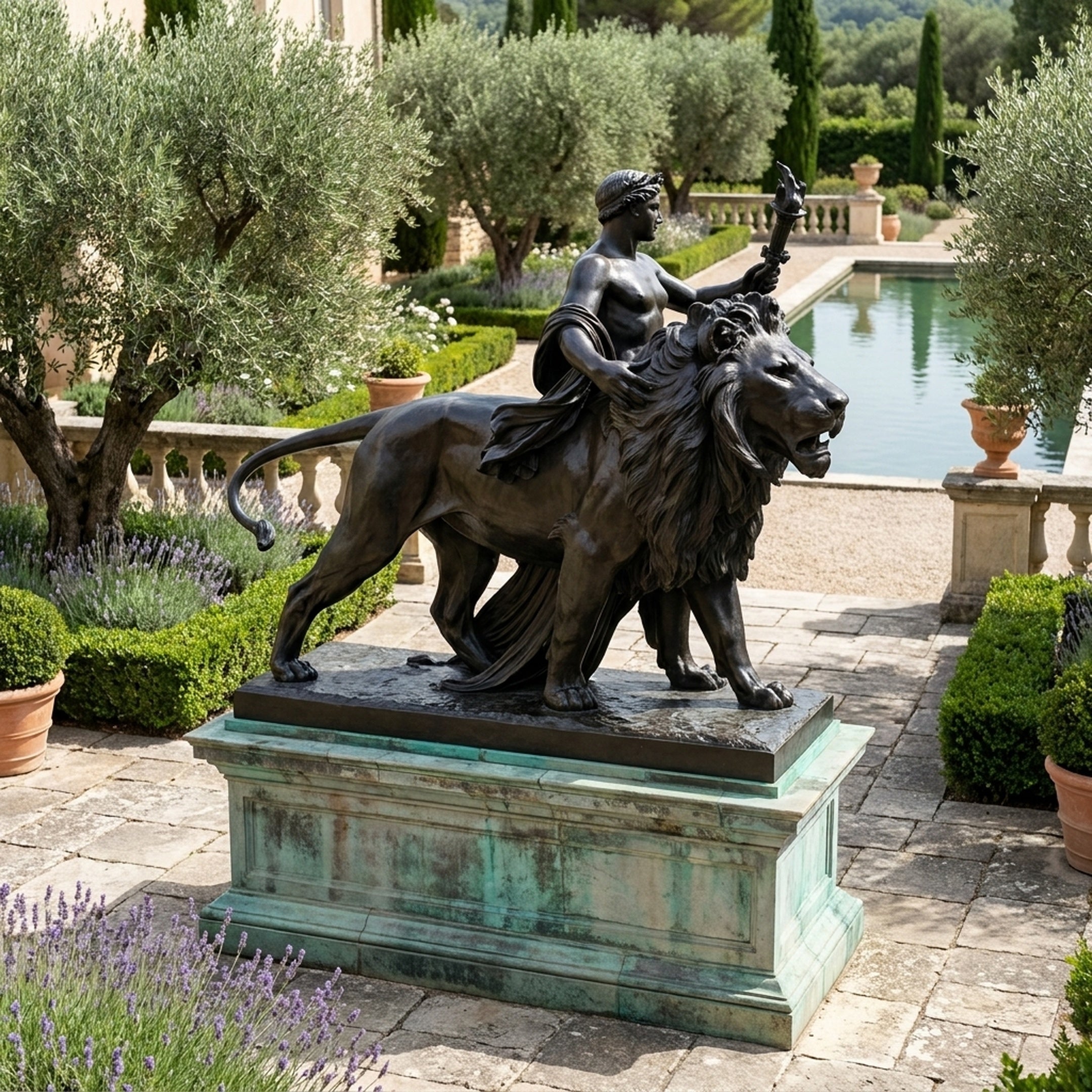 Monumental Classical Lion and Torchbearer Female Figure Bronze Sculpture by Giant Sculptures on a verdigris plinth in a Mediterranean garden beside a pool.