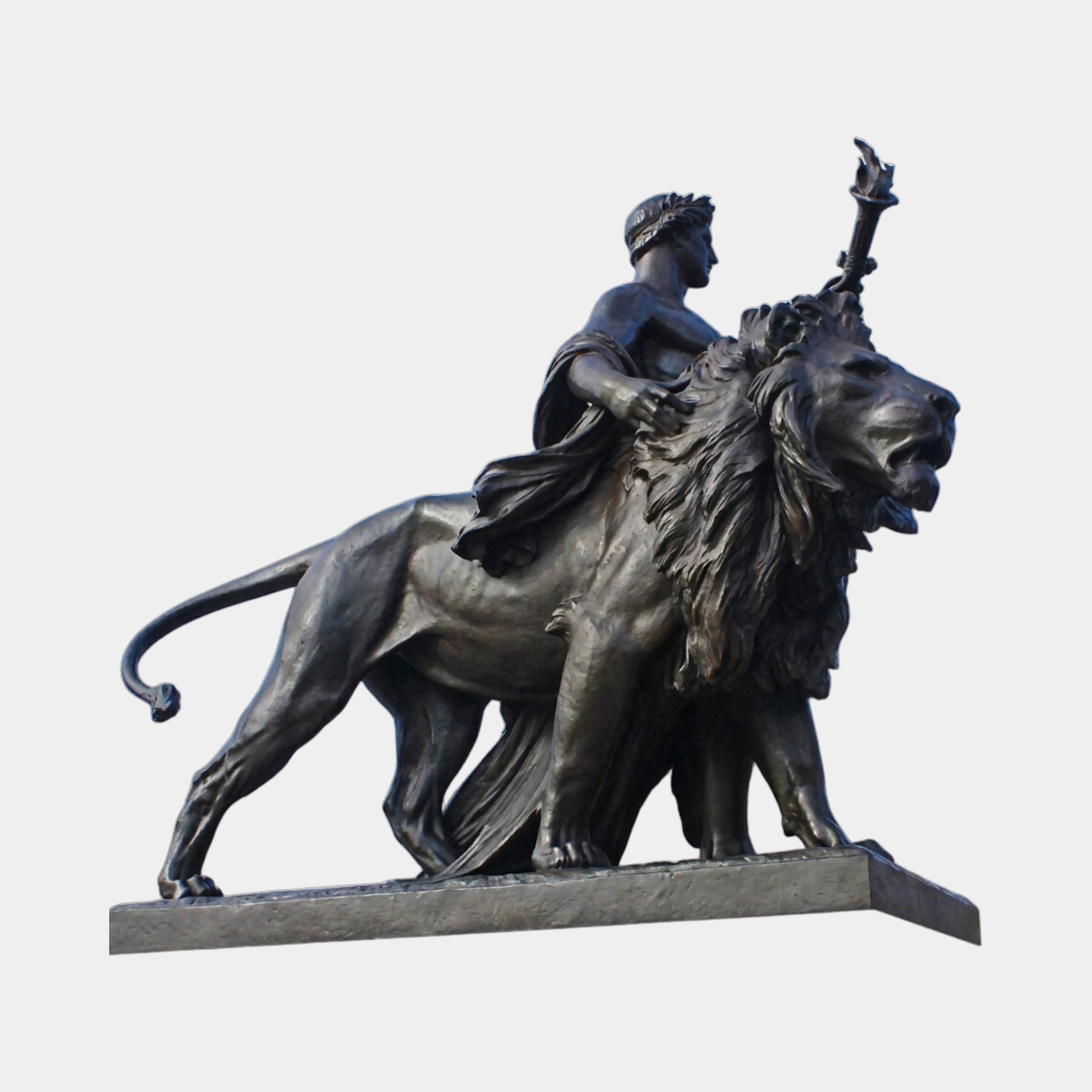 Giant Sculptures Monumental Classical Lion and Torchbearer Female Figure Bronze Sculpture 350cm, dark patina, draped figure with torch astride a roaring lion.