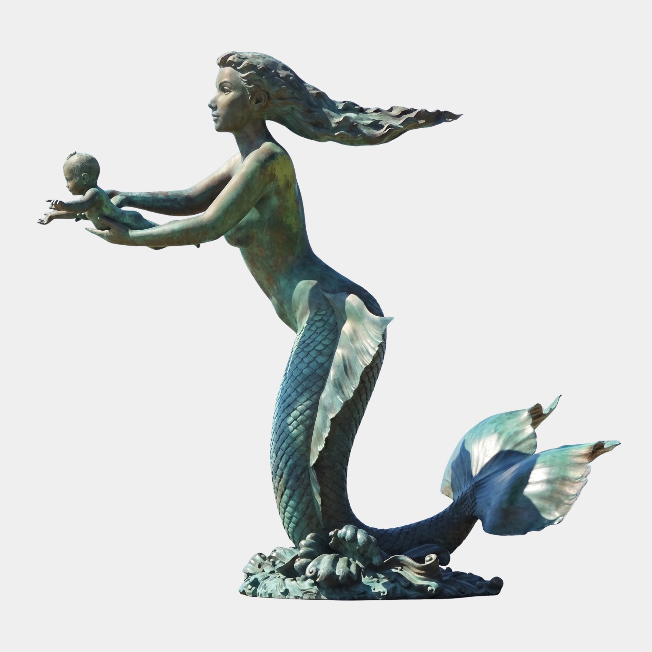 Giant Sculptures' Monumental Classical Mermaid and Child Bronze Sculpture 400cm in verdigris patina, side view with mermaid presenting an infant, shown on white.