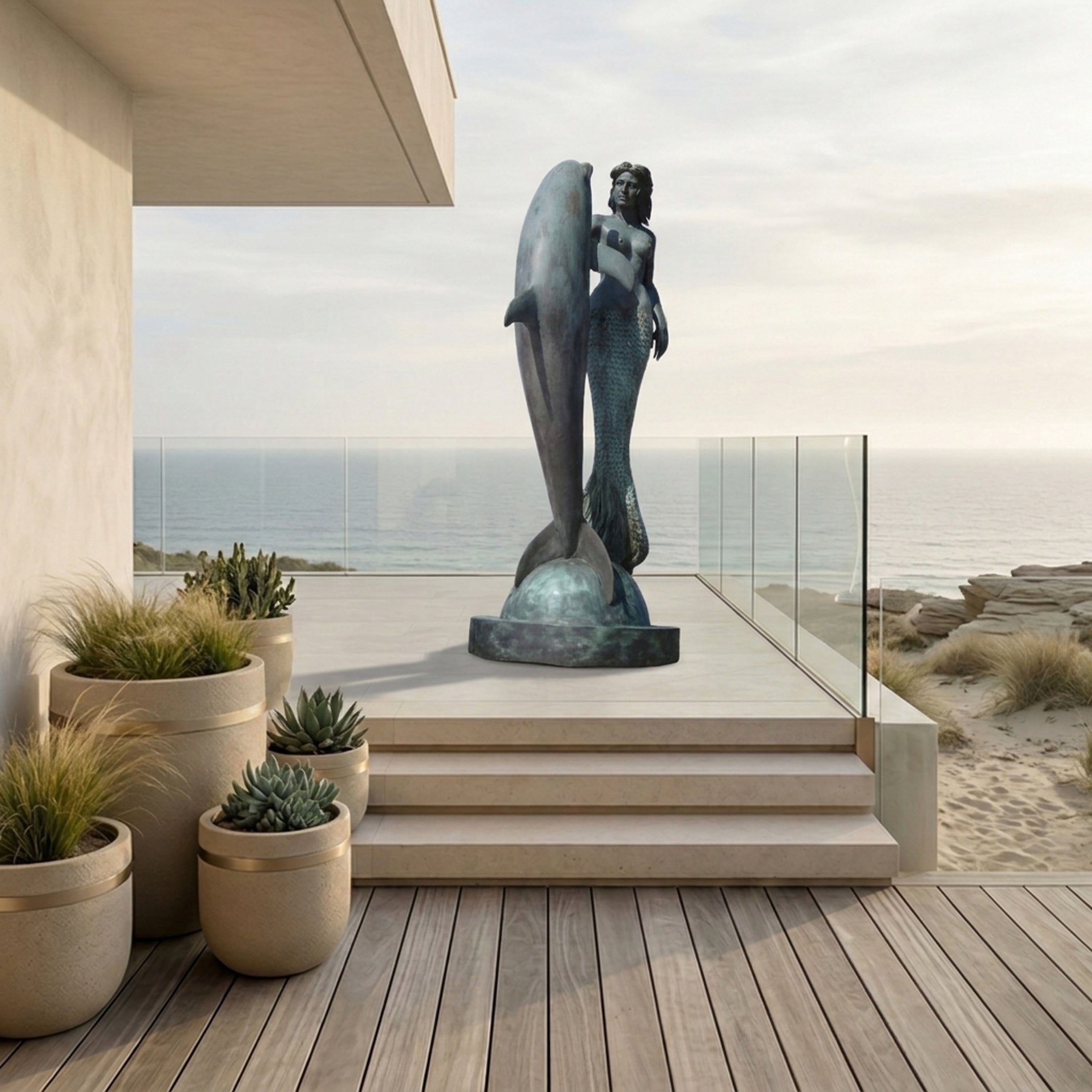 Monumental Classical Mermaid and Dolphin Bronze Sculpture by Giant Sculptures with verdigris patina, displayed on a glass-railed coastal terrace overlooking the sea.