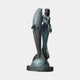 Monumental Classical Mermaid and Dolphin Bronze Sculpture by Giant Sculptures, 350cm, with verdigris patina, mermaid beside a rearing dolphin on a bronze sphere.
