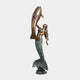 Monumental Classical Mermaid and Dolphin Bronze Sculpture by Giant Sculptures, with golden mermaid lifting a dolphin above a verdigris scaled tail base.