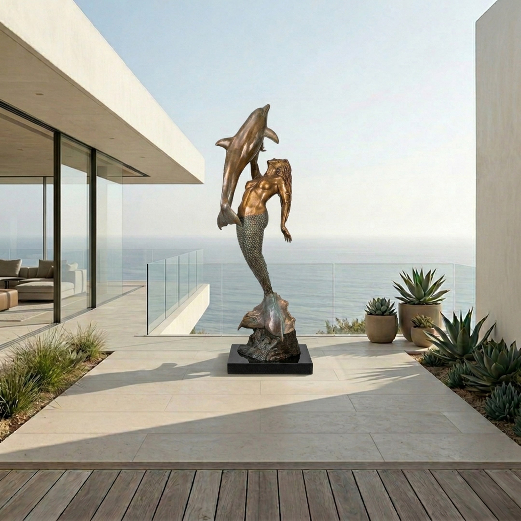 Monumental Classical Mermaid and Dolphin Bronze Sculpture by Giant Sculptures, gilded finish, displayed on an oceanfront terrace with succulents and glass railing.