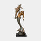 Monumental Classical Mermaid and Dolphin Bronze Sculpture by Giant Sculptures, gilded mermaid arching back to lift a leaping dolphin overhead on a wave-form base.