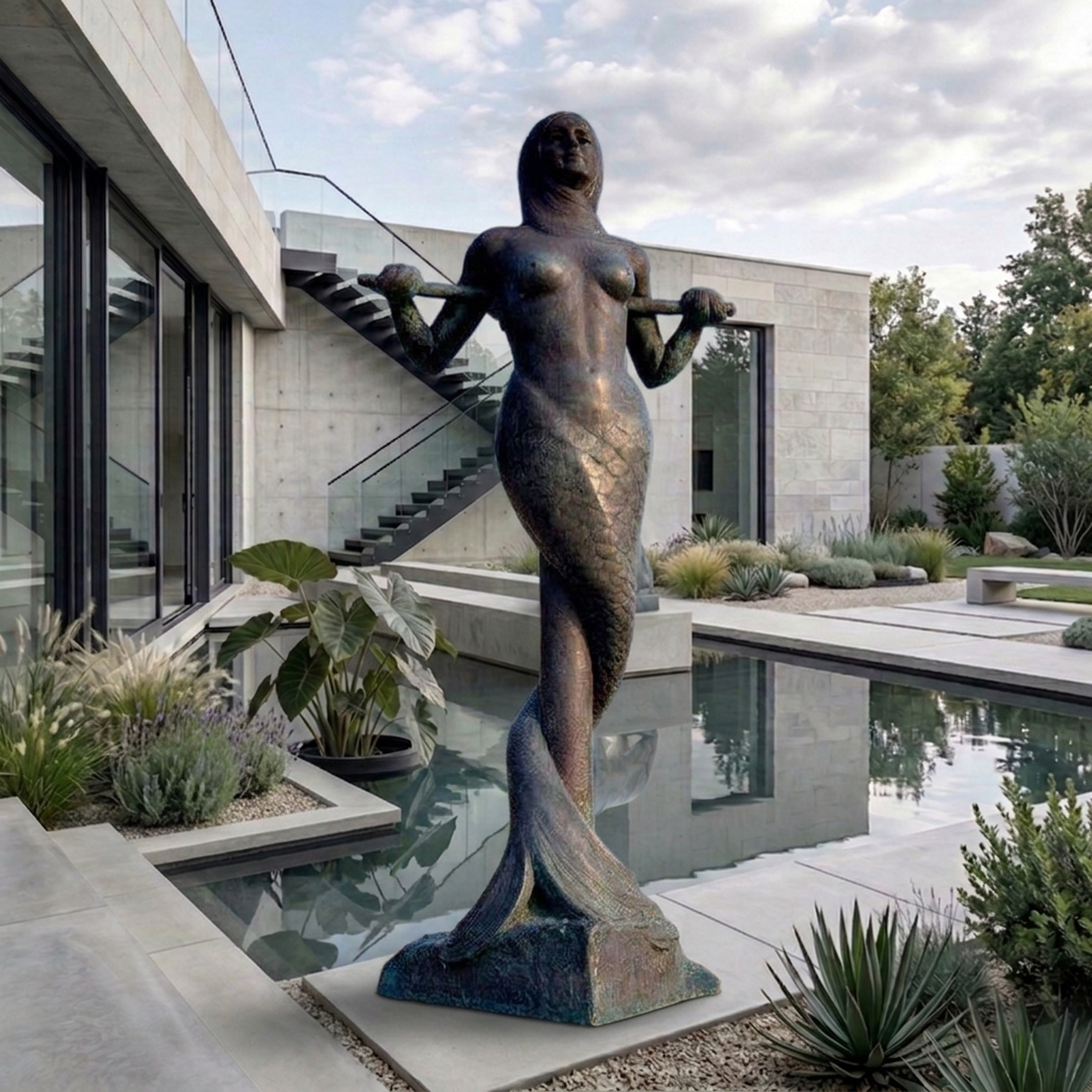 Monumental Classical Mermaid Bronze Sculpture by Giant Sculptures with verdigris patina, displayed beside a reflecting pool in a modern concrete courtyard.