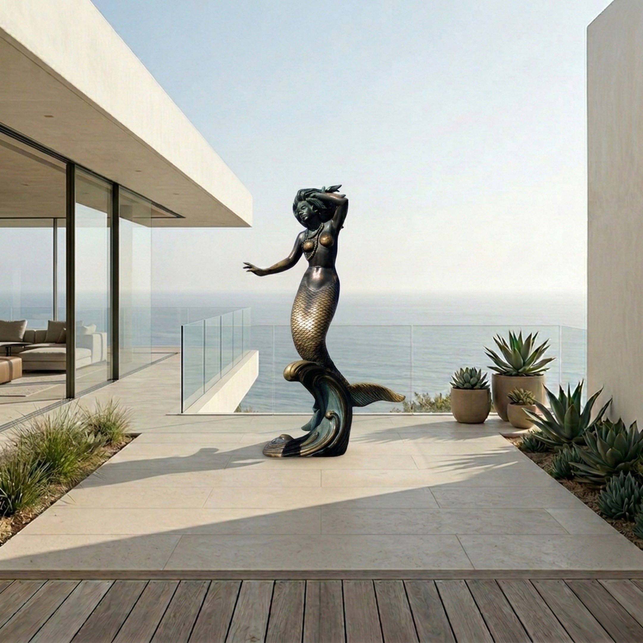 Monumental Classical Mermaid Bronze Statue by Giant Sculptures on a modern oceanfront terrace, her arm raised and tail curling onto a sculpted wave base.