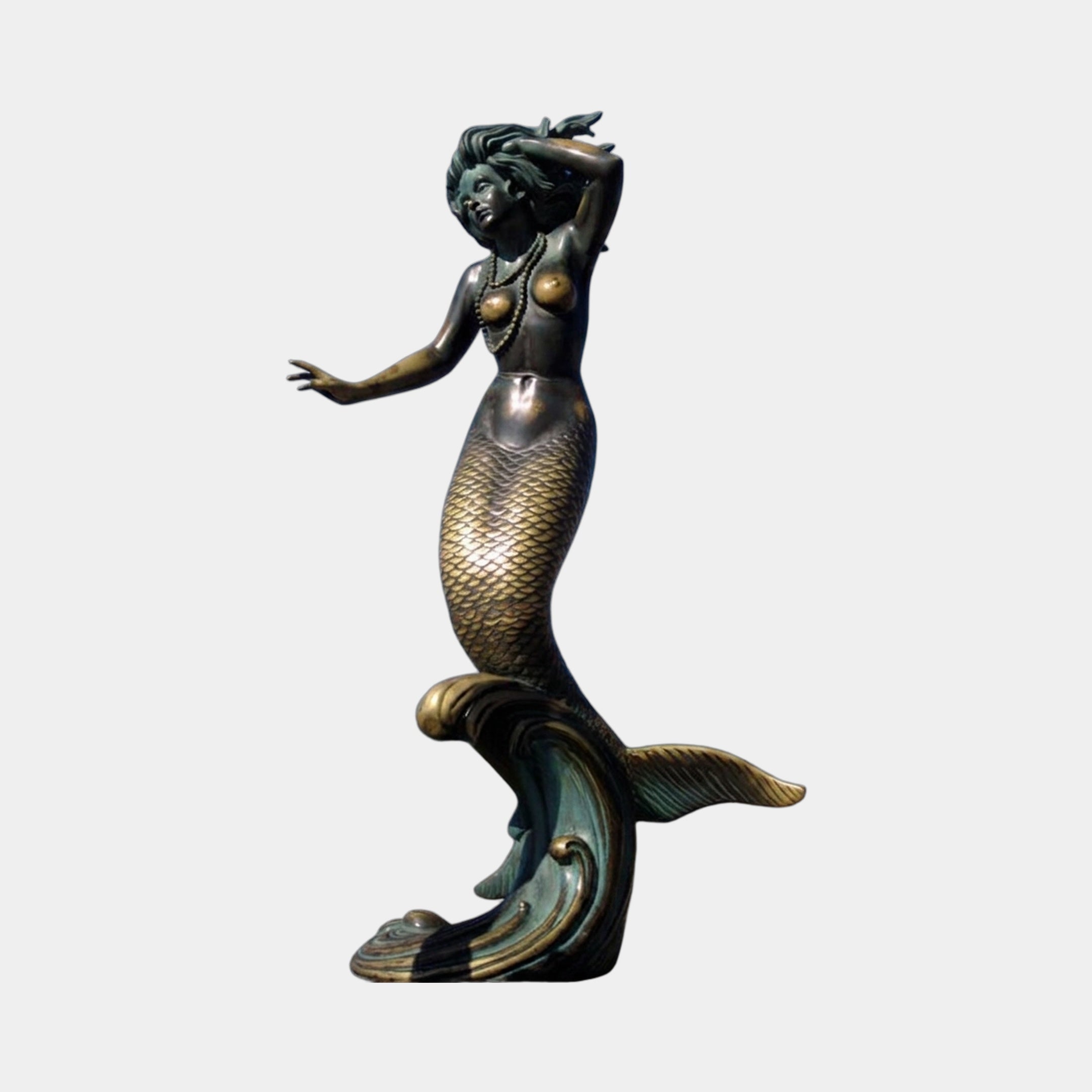 Monumental Classical Mermaid Bronze Statue by Giant Sculptures, 350cm, with raised arm, pearl necklace, and golden-verdigris scaled tail curling onto a wave base.