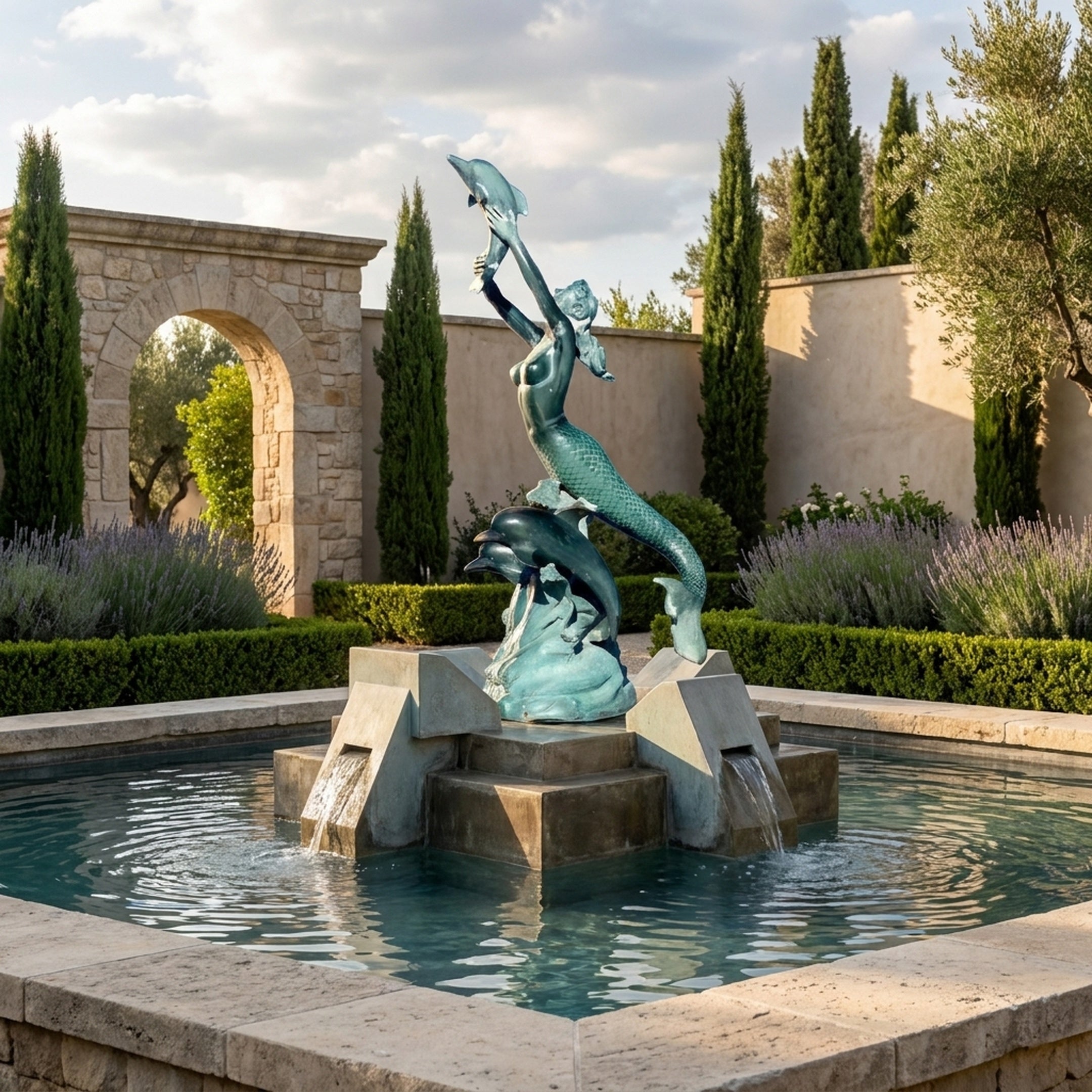 Monumental Classical Mermaid with Dolphins Bronze Fountain by Giant Sculptures in verdigris patina, set in a Mediterranean garden with cypress trees and lavender.