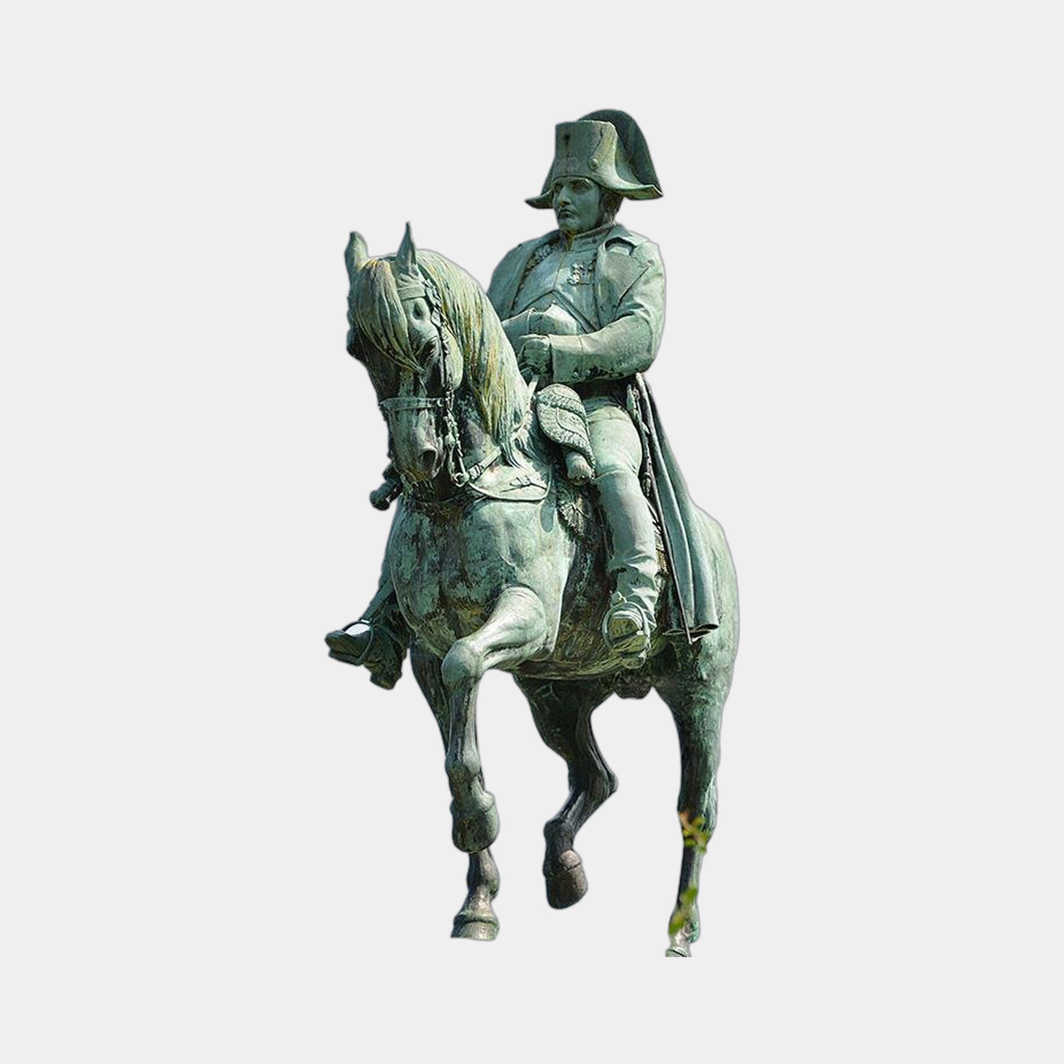 Monumental Classical Military Officer Riding Horse Bronze Sculpture by Giant Sculptures, 350cm, with green verdigris patina, horse mid-trot, on plain grey background.