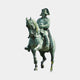 Monumental Classical Military Officer Riding Horse Bronze Sculpture by Giant Sculptures, 350cm, with green verdigris patina, horse mid-trot, on plain grey background.