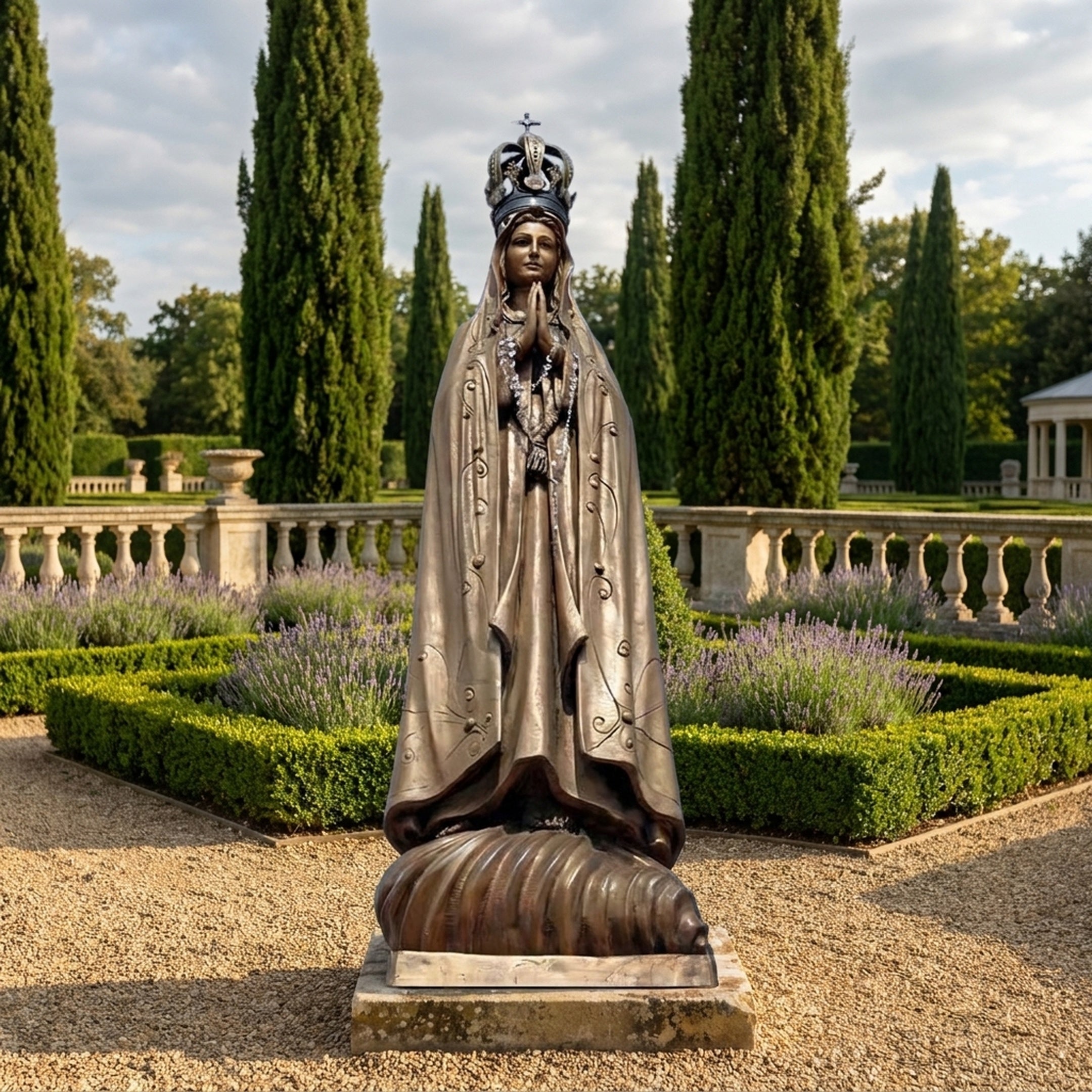 Monumental Classical Our Lady of Fatima Bronze Statue by Giant Sculptures, 400cm, shown praying with crown and rosary in a formal lavender garden.