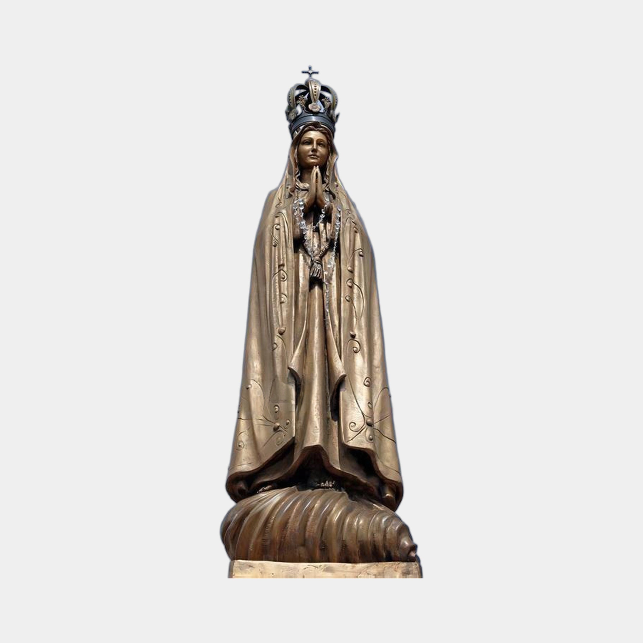 Monumental Classical Our Lady of Fatima Bronze Statue by Giant Sculptures, 400cm figure in prayer with rosary and crown, shown on a plain grey background.