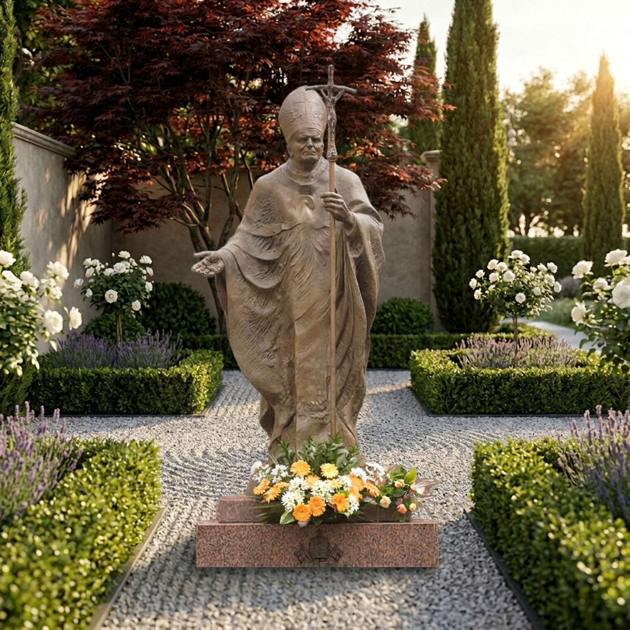 Monumental Classical Papal Figure Bronze Statue by Giant Sculptures, 250cm, holding a ferula cross in a formal garden with hedges, lavender, and white roses.