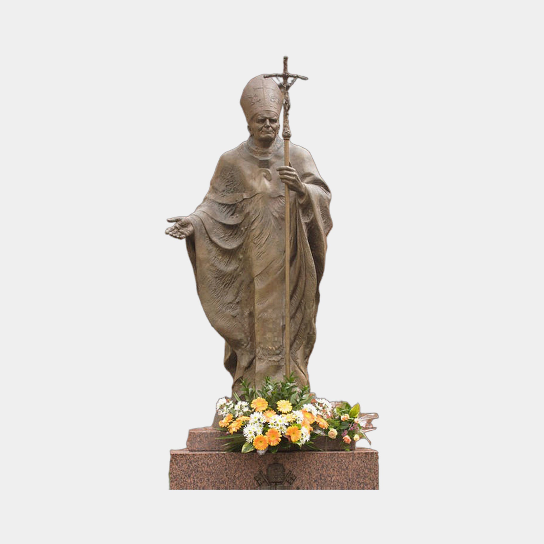 Monumental Classical Papal Figure Bronze Statue 250cm by Giant Sculptures, robed pope with mitre holding a ferula cross, flowers at granite base.