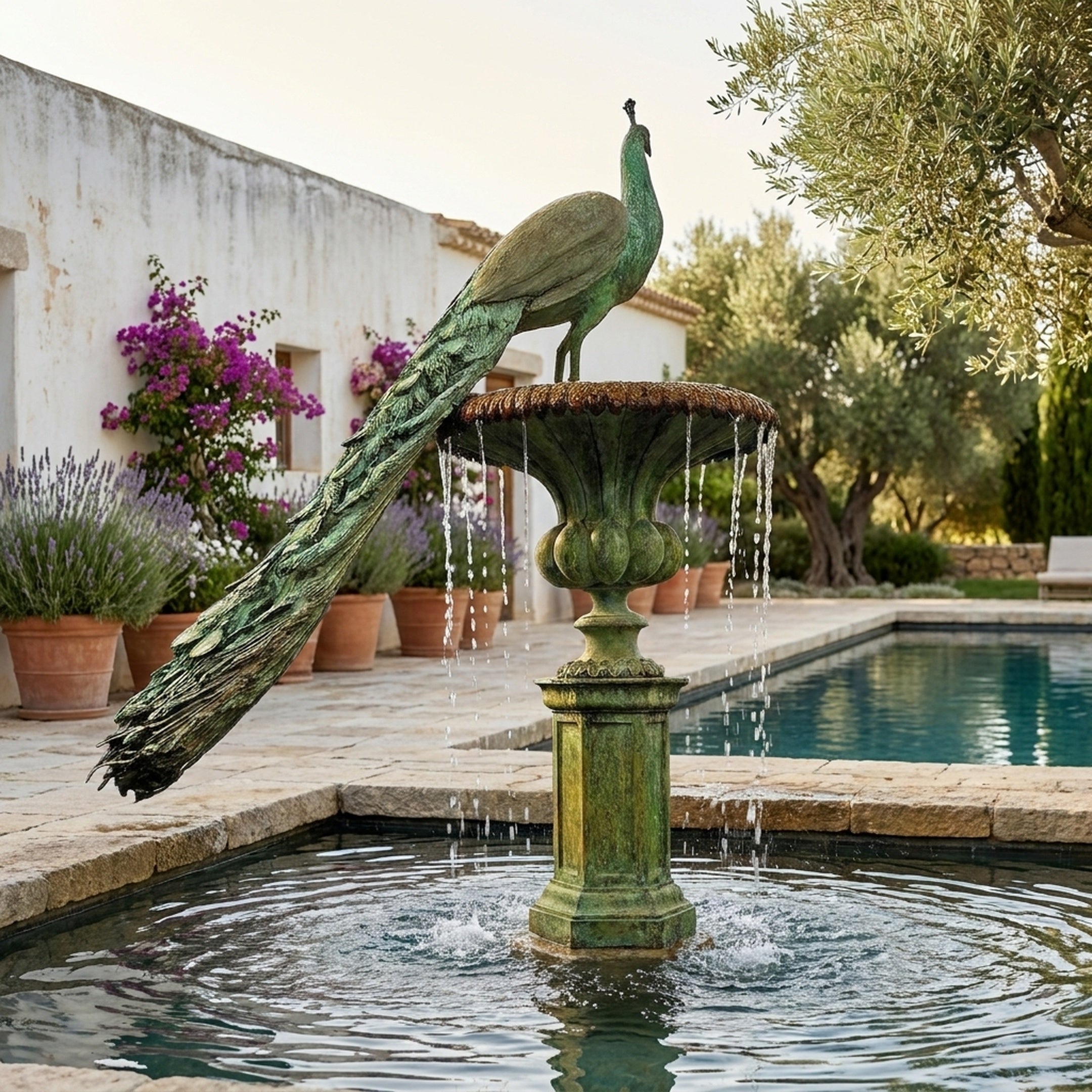 Monumental Classical Peacock Fountain Bronze Sculpture by Giant Sculptures in aged verdigris, tail sweeping over a tiered basin beside a poolside garden.