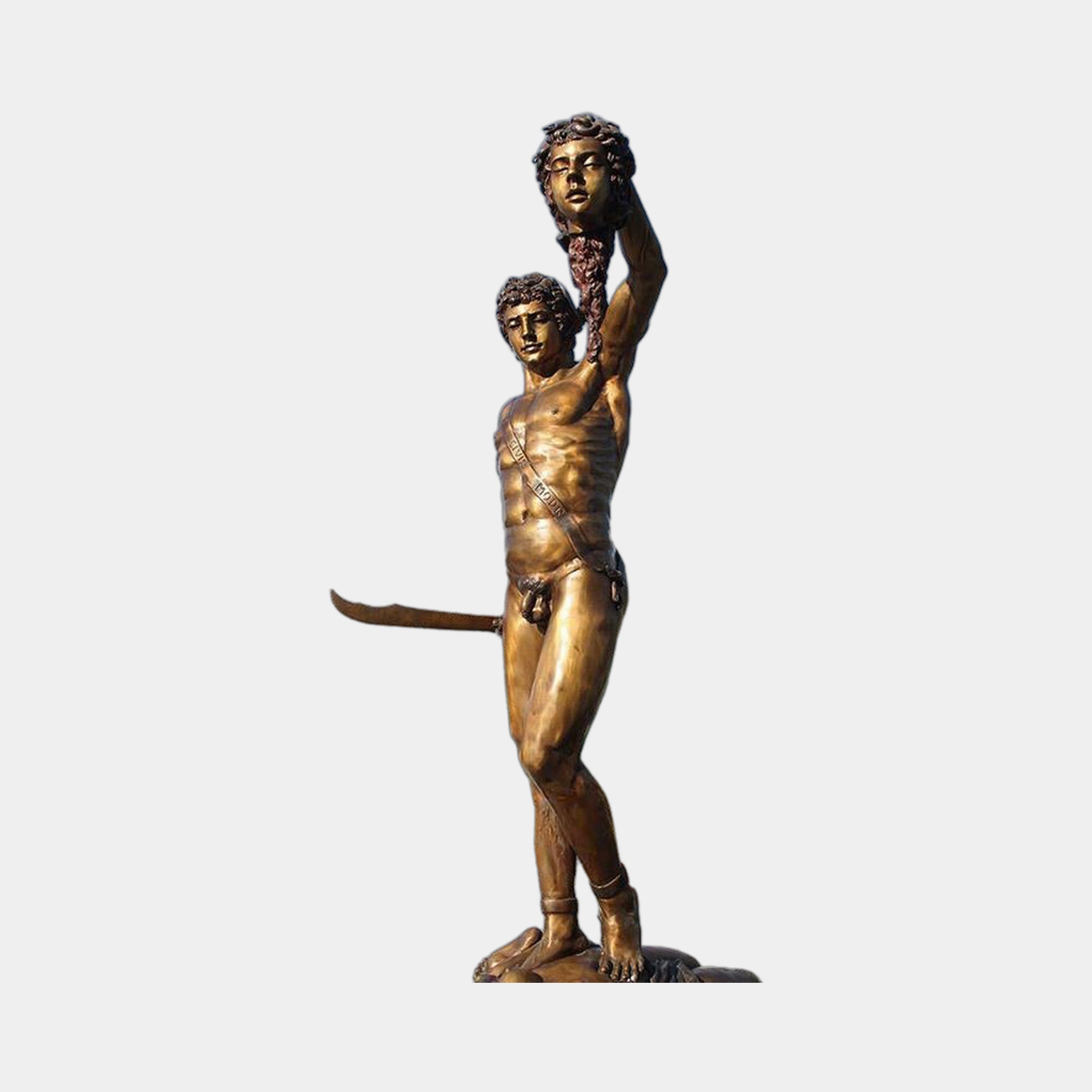Monumental Classical Perseus and Medusa Bronze Sculpture by Giant Sculptures, 300cm, holding Medusa's head aloft with curved sword at hip, warm brown patina.