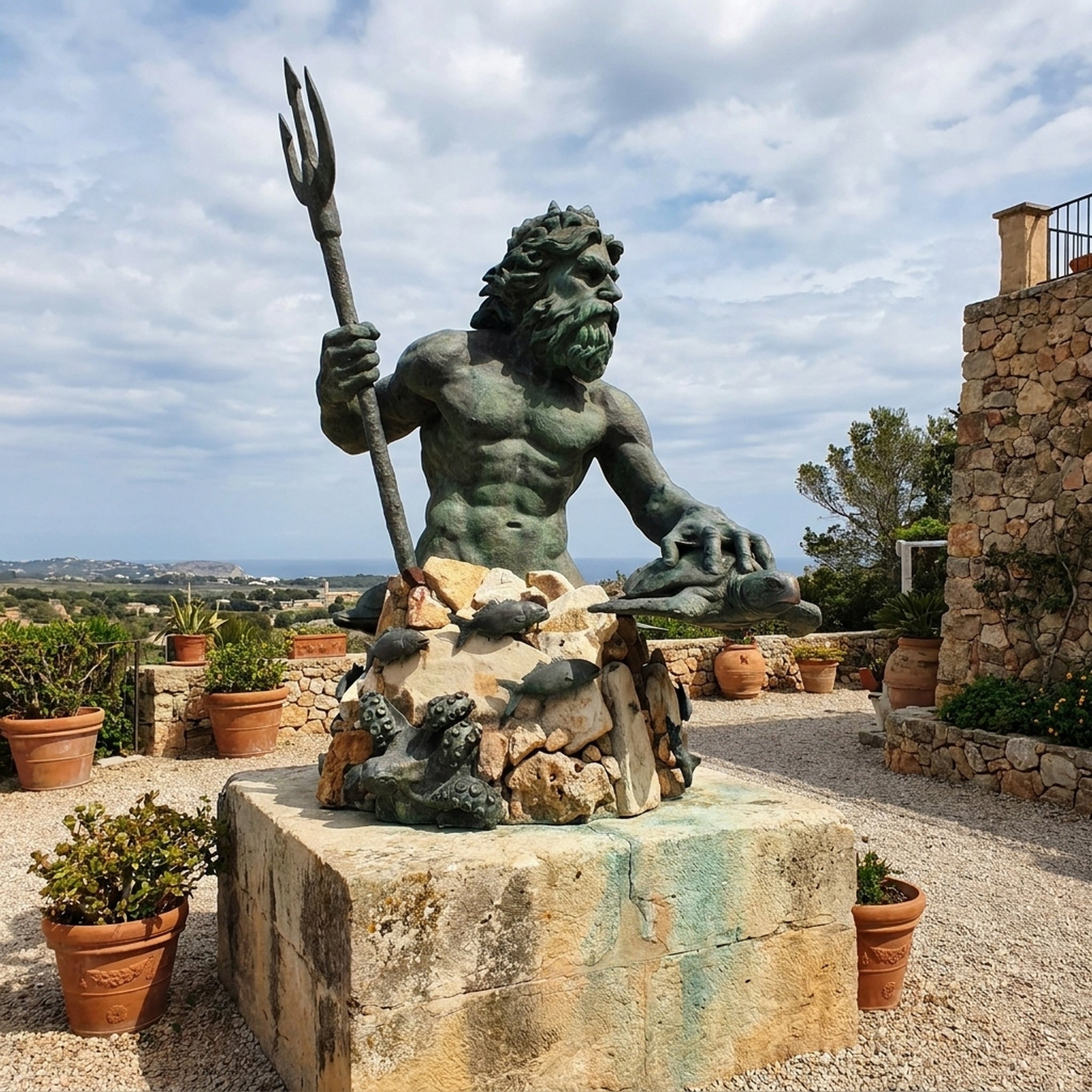 Monumental Classical Poseidon Bronze Sculpture by Giant Sculptures with verdigris patina, trident raised and sea turtle in hand, on a rocky base in a coastal garden.