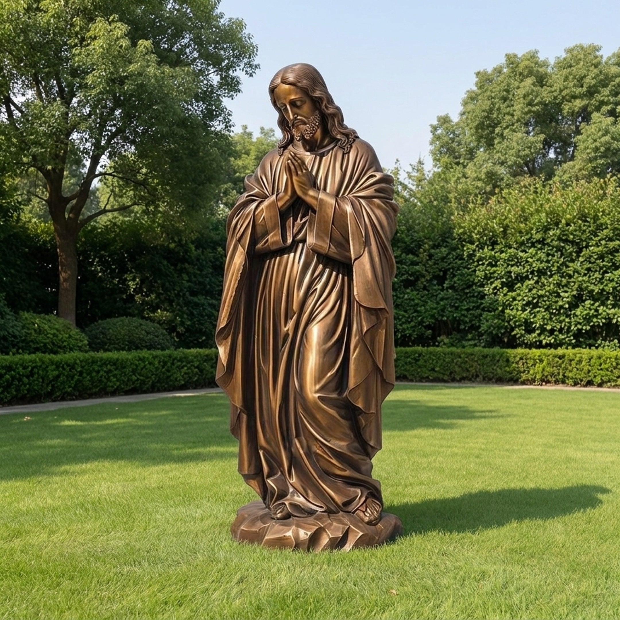 Monumental Classical Praying Jesus Figure Bronze Sculpture by Giant Sculptures, 350cm, hands clasped in prayer with draped robes, displayed on a garden lawn.