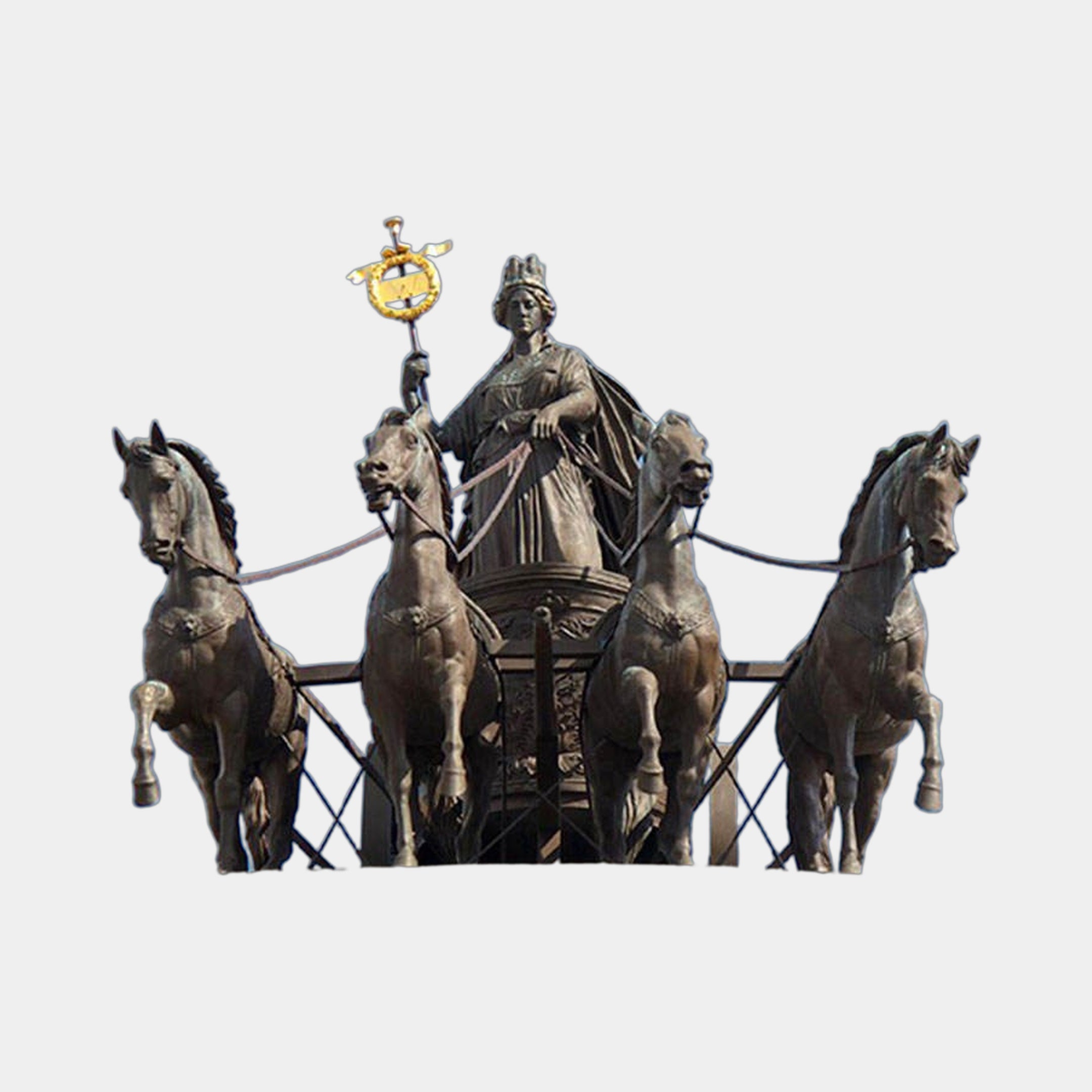 Monumental Classical Quadriga Bronze Sculpture by Giant Sculptures, crowned goddess in a chariot raising a gilded laurel wreath, drawn by four striding horses.