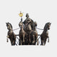 Monumental Classical Quadriga Bronze Sculpture by Giant Sculptures, crowned goddess in a chariot raising a gilded laurel wreath, drawn by four striding horses.