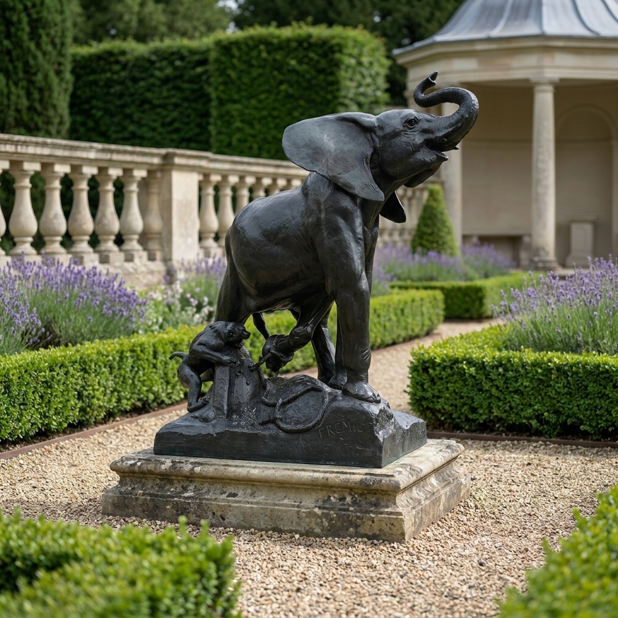 Monumental Classical Rearing Elephant Bronze Sculpture by Giant Sculptures with trunk raised and lion at base, on stone plinth in a lavender garden.