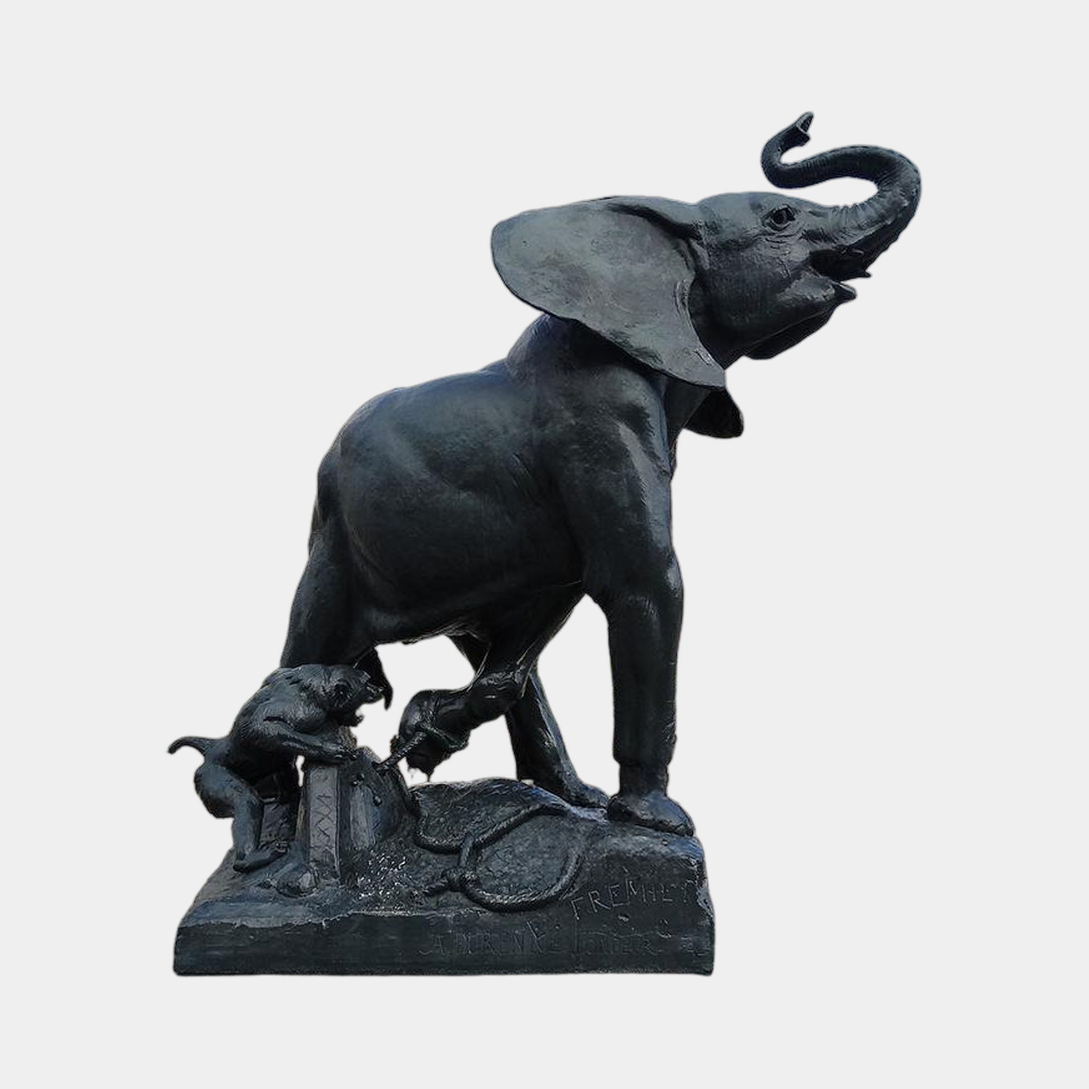 Monumental Classical Rearing Elephant Bronze Sculpture by Giant Sculptures, trunk raised skyward with a lion attacking at its base, dark antique patina.