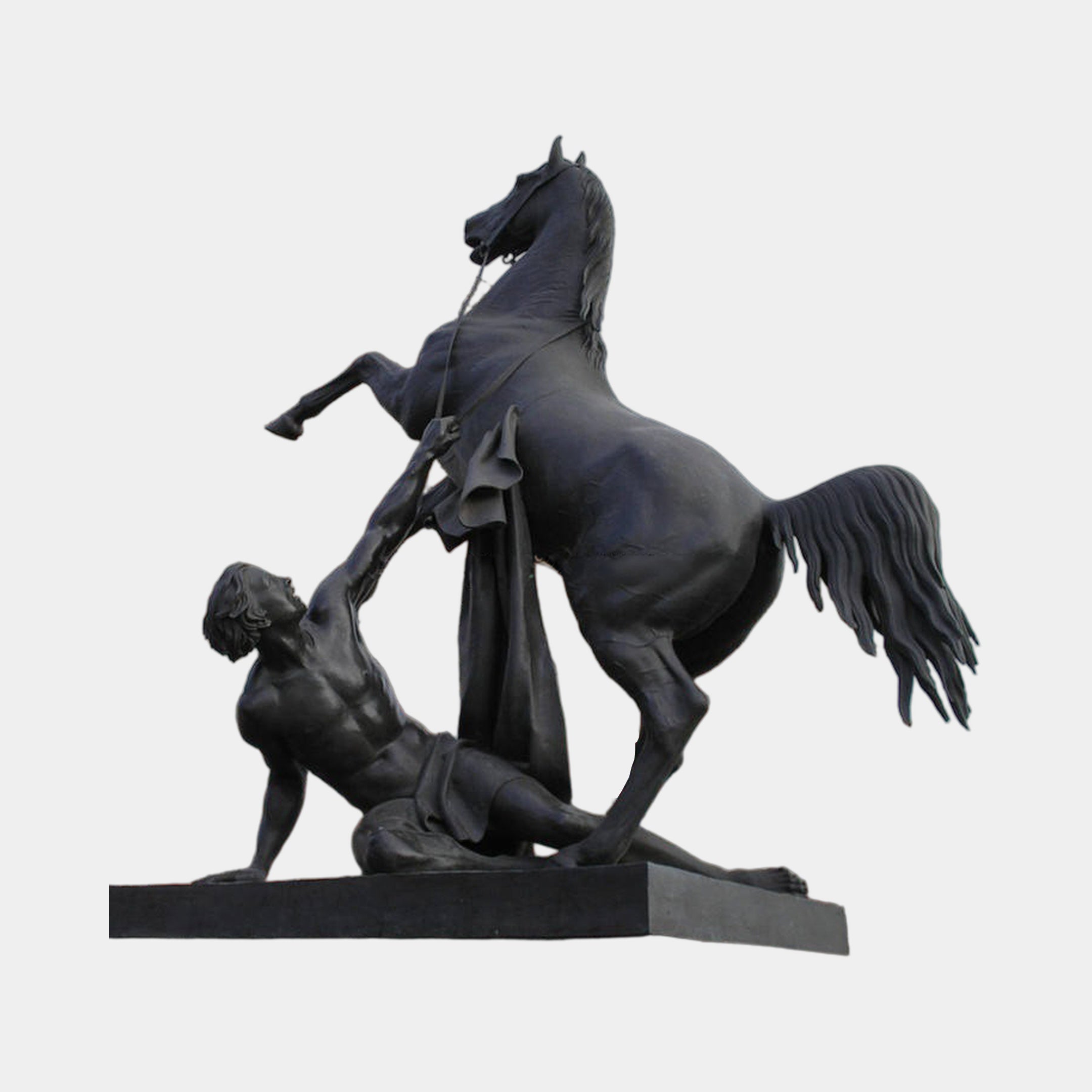 Giant Sculptures' 500cm Monumental Classical Rearing Horse and Nude Male Figure Bronze Sculpture in dark patina, with the nude straining against the rearing horse on a granite base.