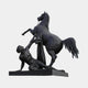 Giant Sculptures' 500cm Monumental Classical Rearing Horse and Nude Male Figure Bronze Sculpture in dark patina, with the nude straining against the rearing horse on a granite base.