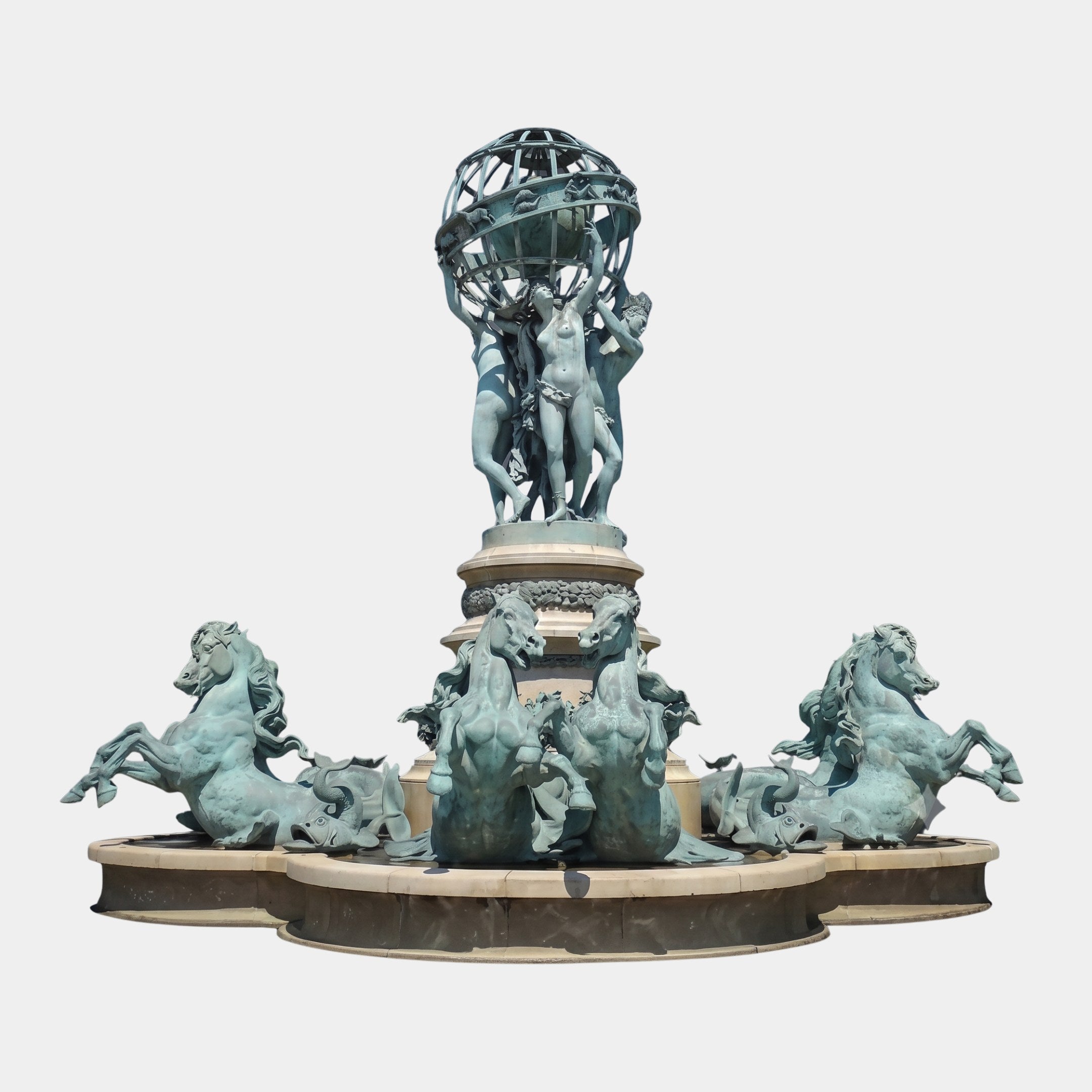 Giant Sculptures Monumental Classical Rearing Horse and Figure Bronze Fountain in verdigris patina, with rearing horses, classical figures, and an armillary sphere crown.