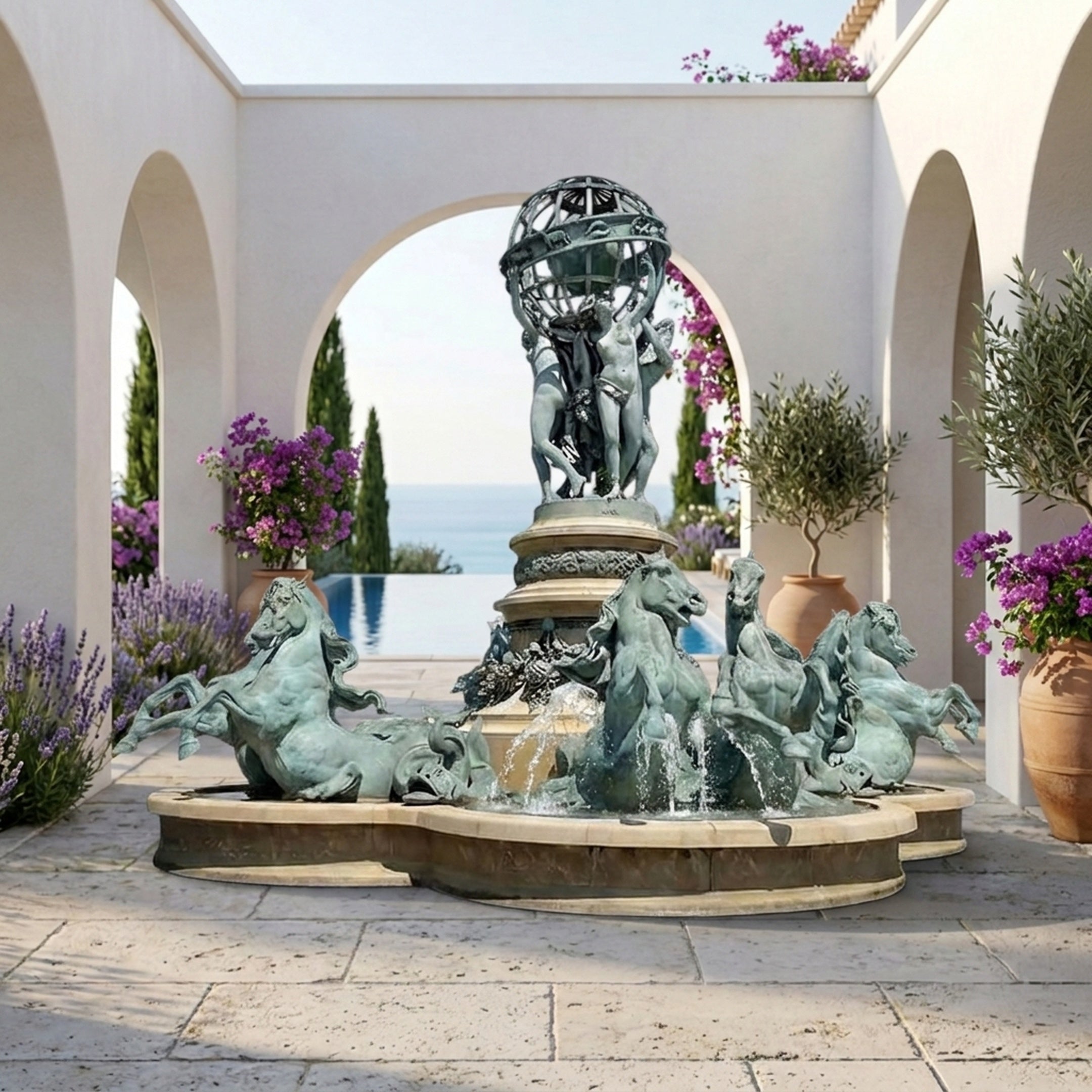 Monumental Classical Rearing Horses and Globe Fountain in verdigris bronze by Giant Sculptures, set in an arched Mediterranean courtyard overlooking the sea.