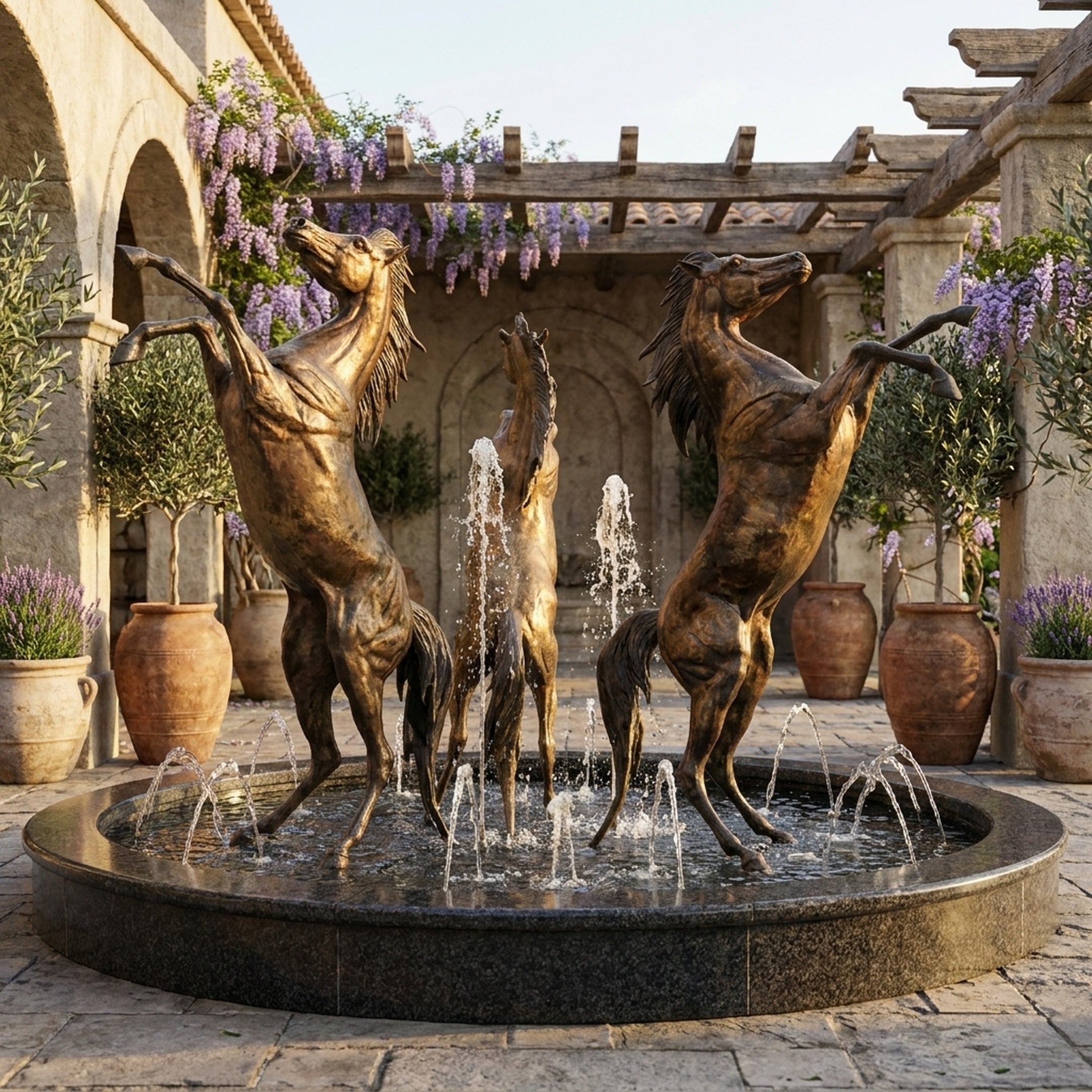 Monumental Classical Rearing Horses Bronze Fountain by Giant Sculptures with three antique-patina horses around water jets in a wisteria-draped courtyard.