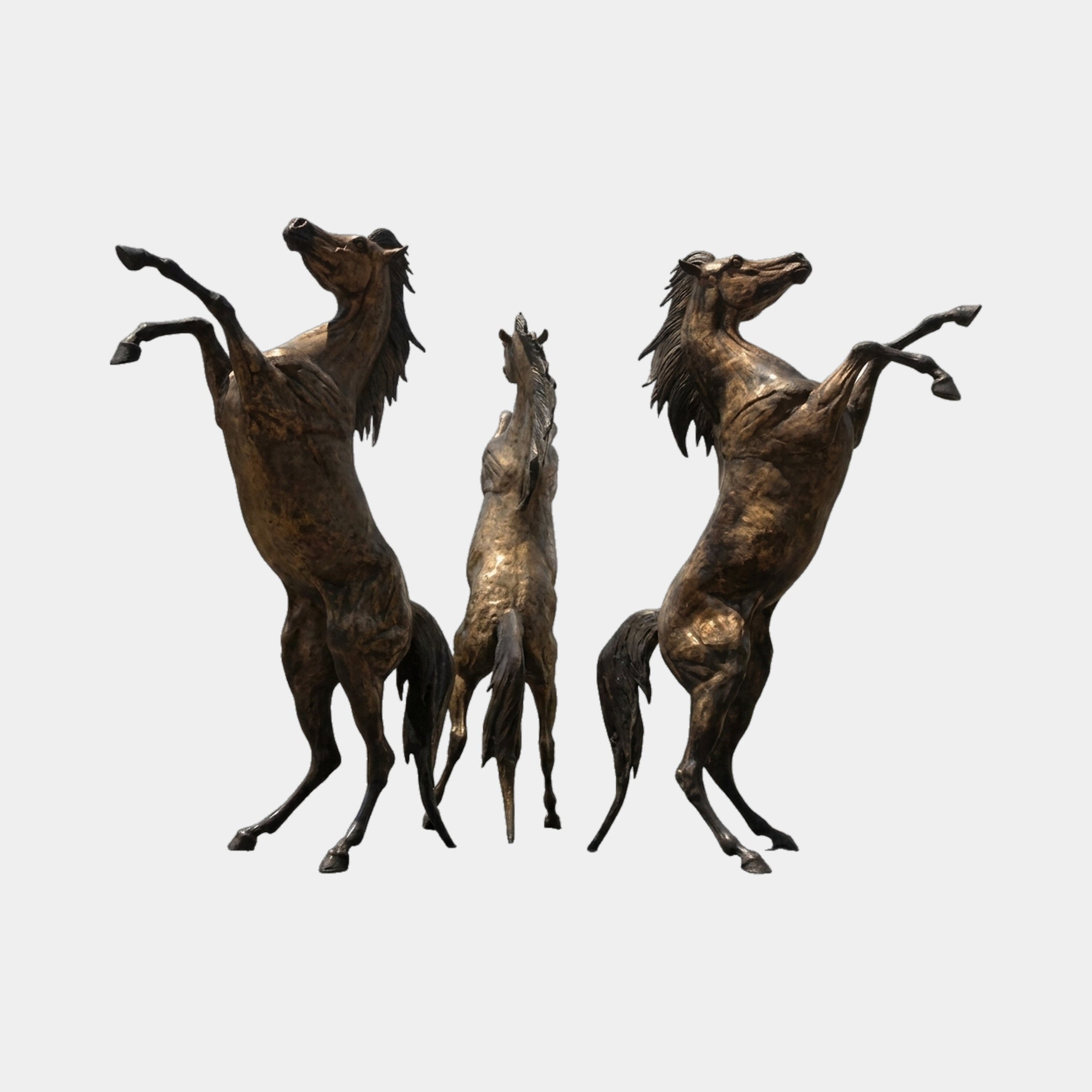 Monumental Classical Rearing Horses Bronze Fountain by Giant Sculptures, three rearing horses in antique bronze patina arranged radially on a plain background.