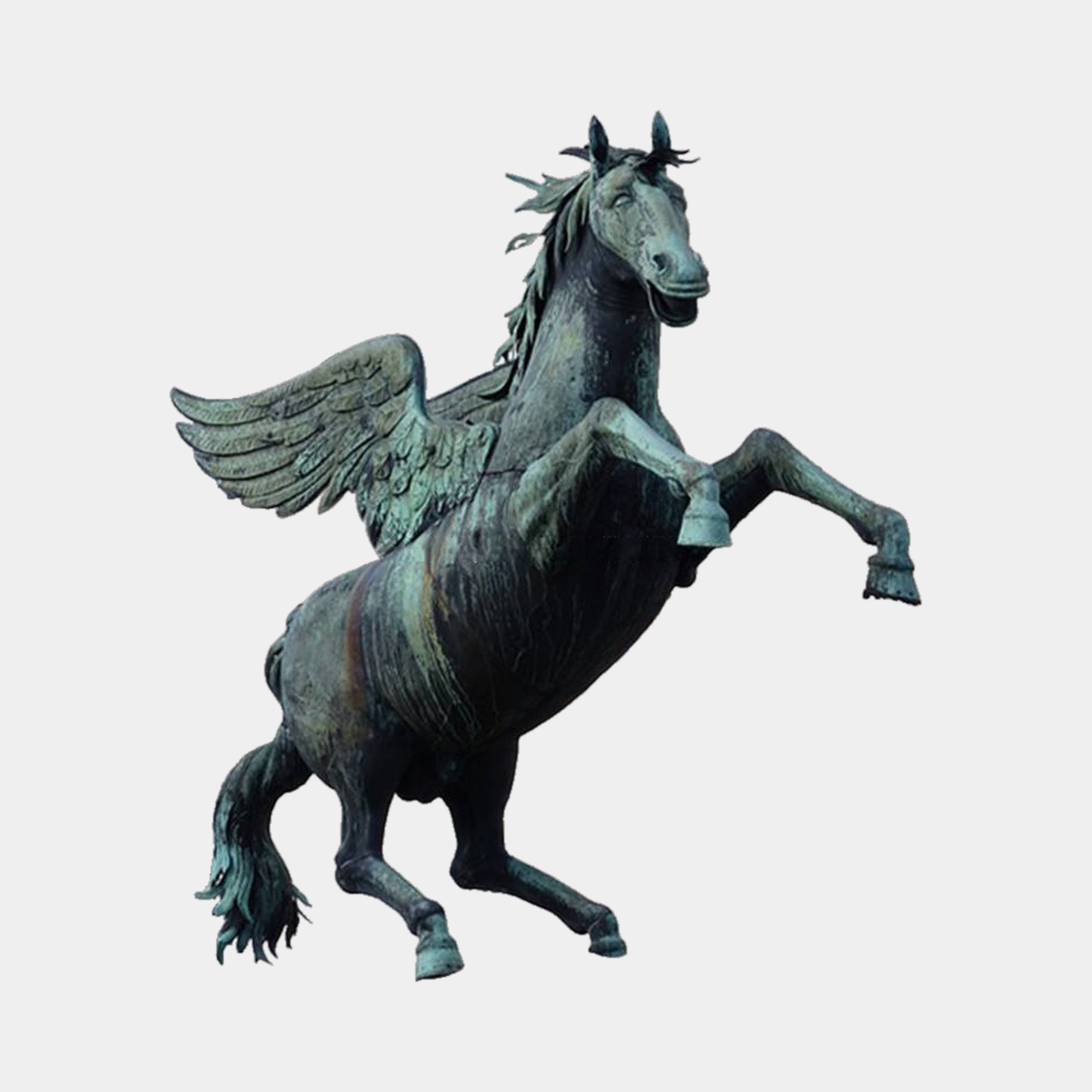 Monumental Classical Rearing Pegasus Bronze Sculpture by Giant Sculptures, winged horse reared on hind legs with verdigris patina, shown on a plain background.