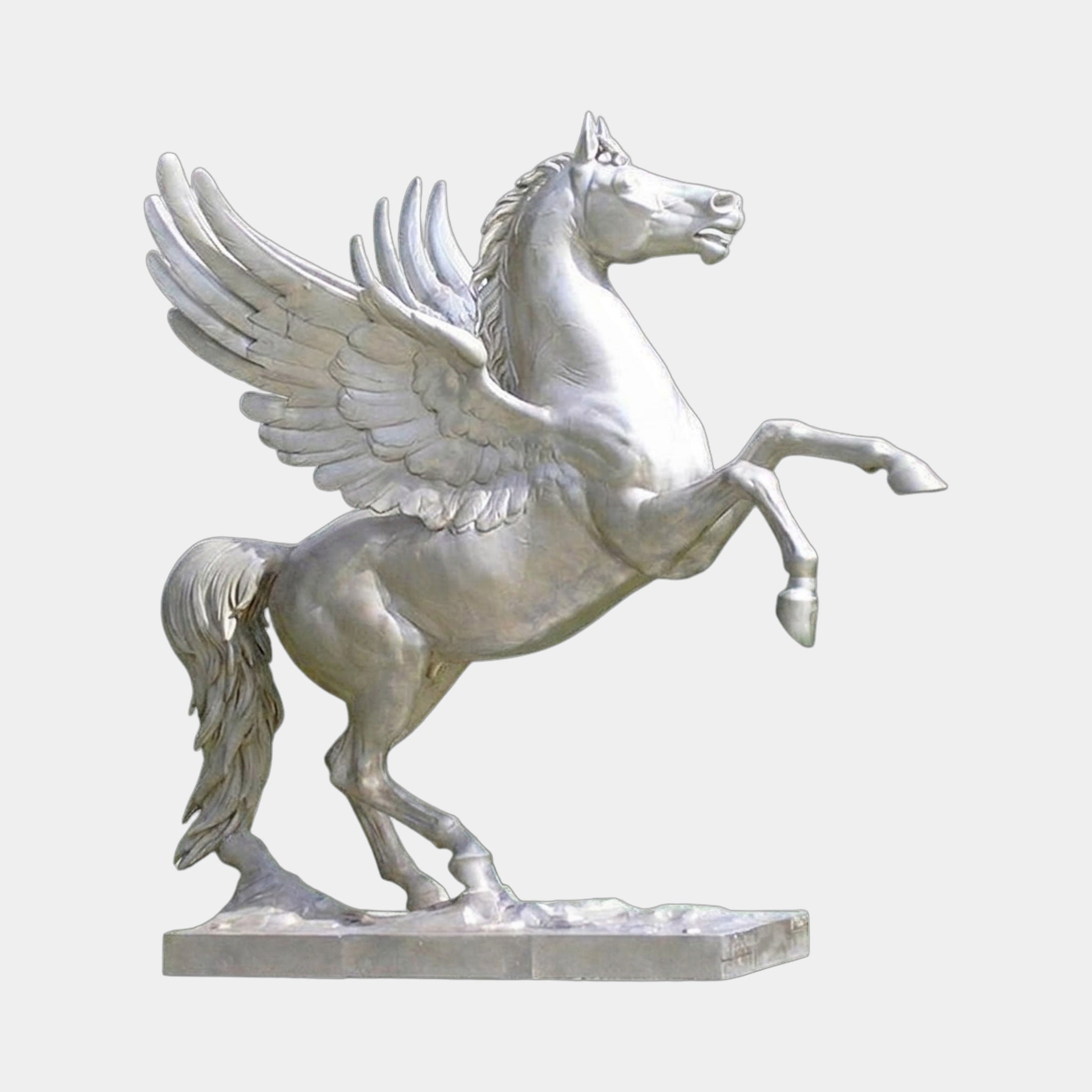 Giant Sculptures Monumental Classical Rearing Pegasus Bronze Sculpture 300cm in pale silver finish, rearing with wings outstretched on a rectangular plinth.