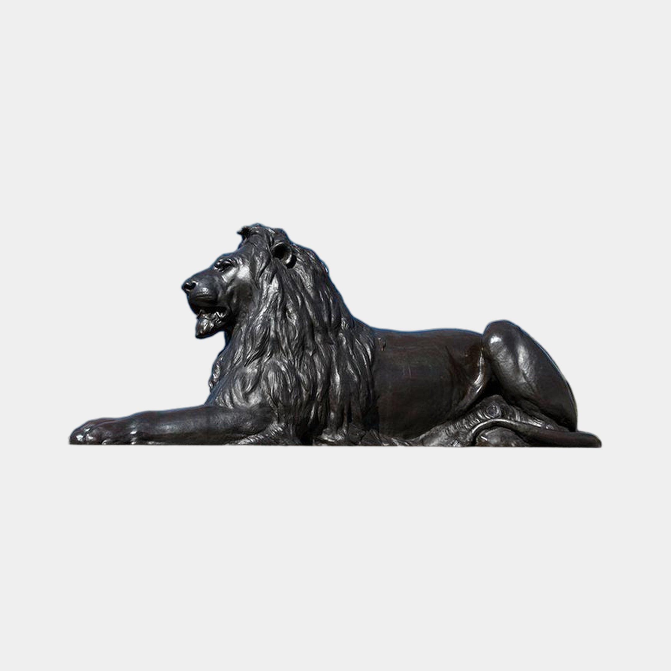 Giant Sculptures Monumental Classical Recumbent Lion Bronze Sculpture, 190cm, shown in side profile with dark oxidised patina against a plain light background.