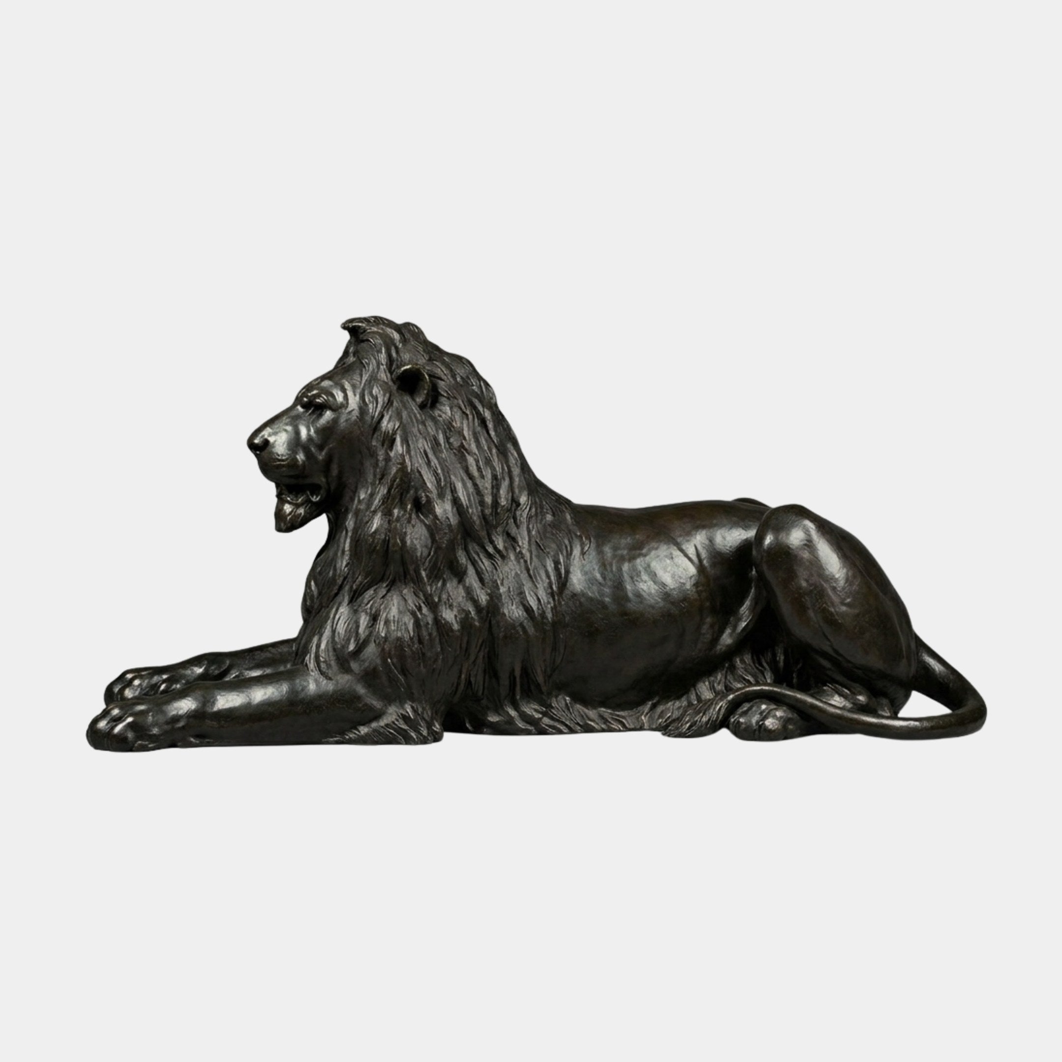 Monumental Classical Recumbent Lion Bronze Sculpture by Giant Sculptures in dark patina, shown in side profile with raised head and open-mouthed roar on plain background.