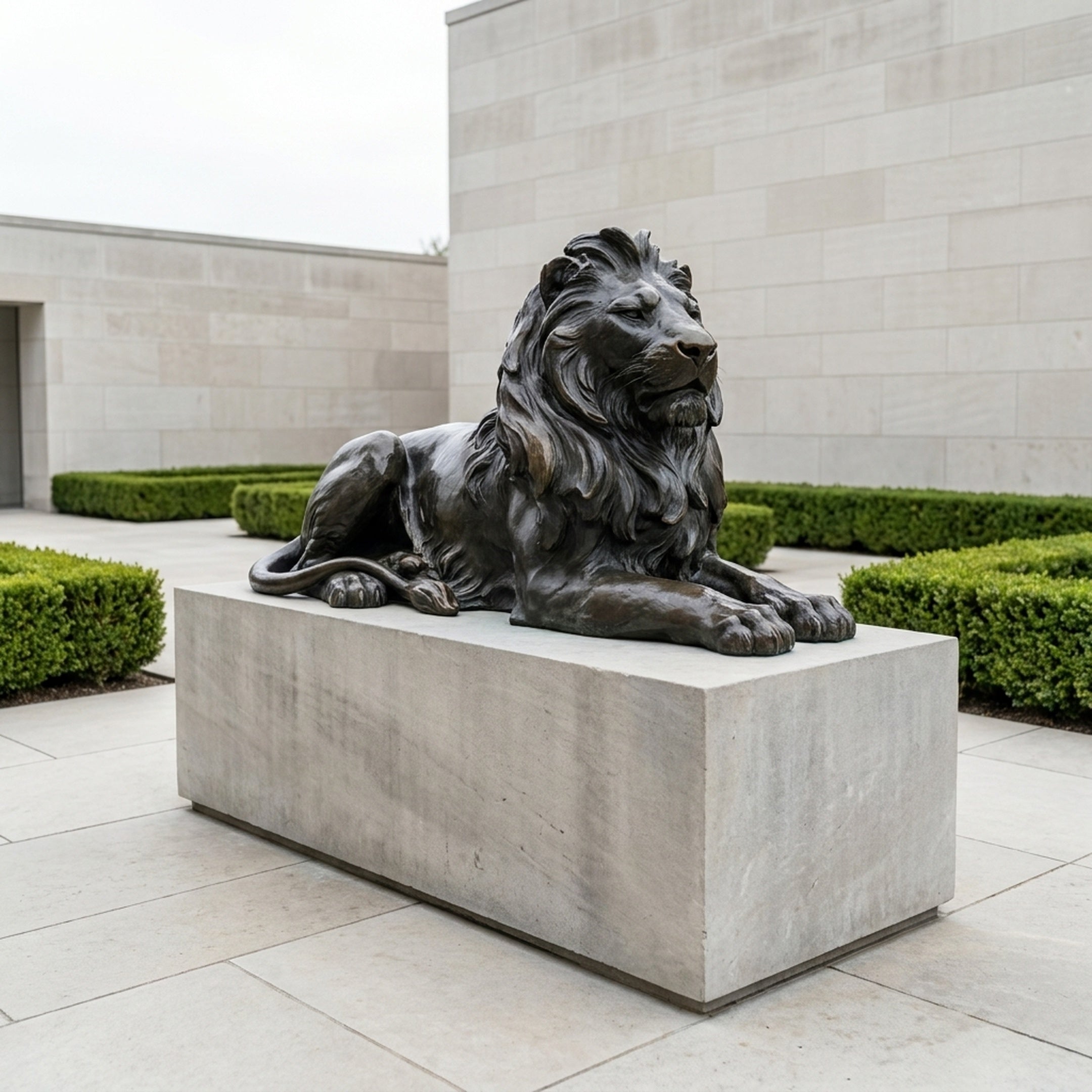 Monumental Classical Recumbent Lion Bronze Sculpture by Giant Sculptures, 190cm, dark patina, on a stone plinth in a courtyard with low hedges.