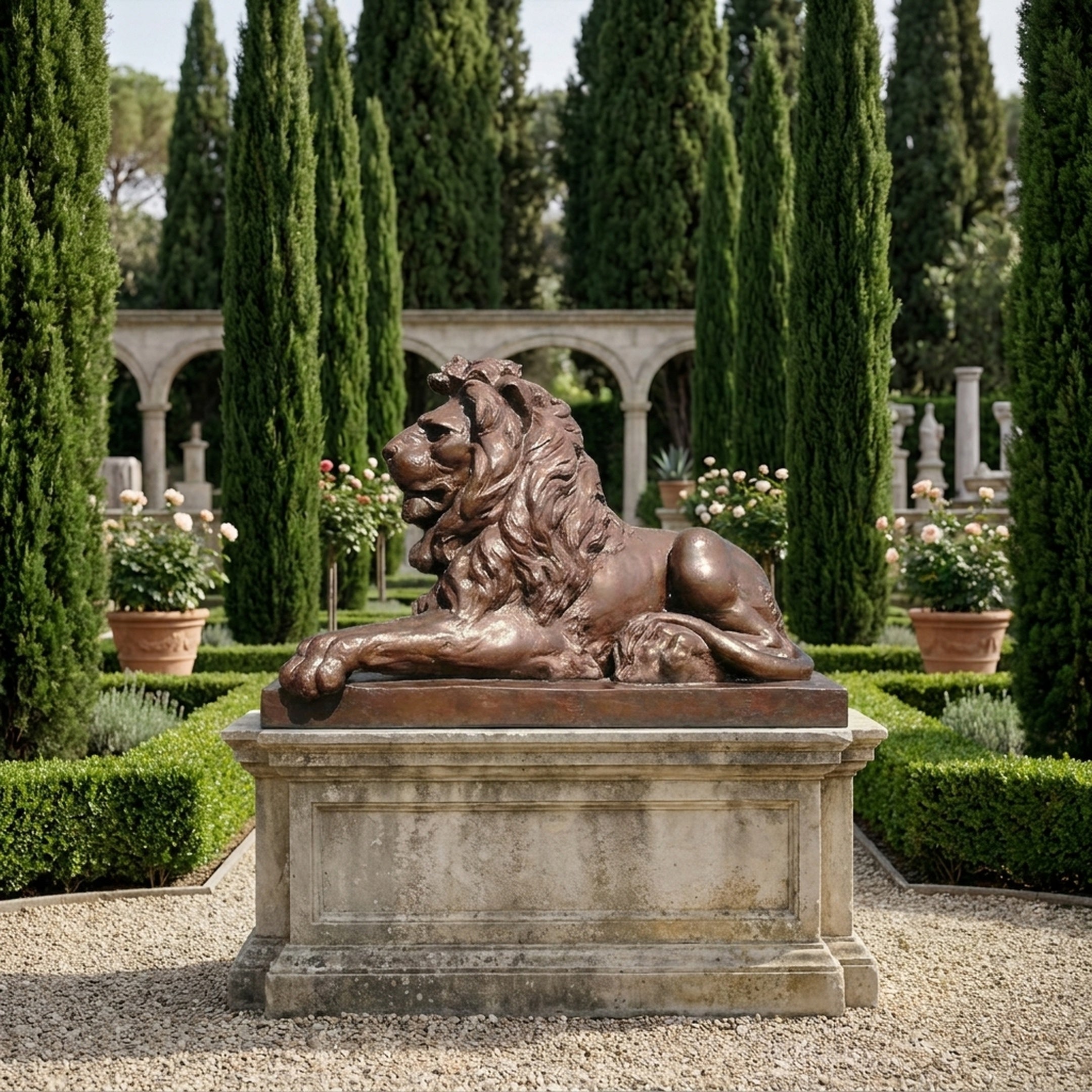 Monumental Classical Recumbent Lion Bronze Sculpture by Giant Sculptures on a stone pedestal in a formal garden with cypress trees and rose bushes.