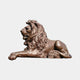 Monumental Classical Recumbent Lion Bronze Sculpture by Giant Sculptures, shown in side profile with flowing mane and warm brown patina on a plain background.