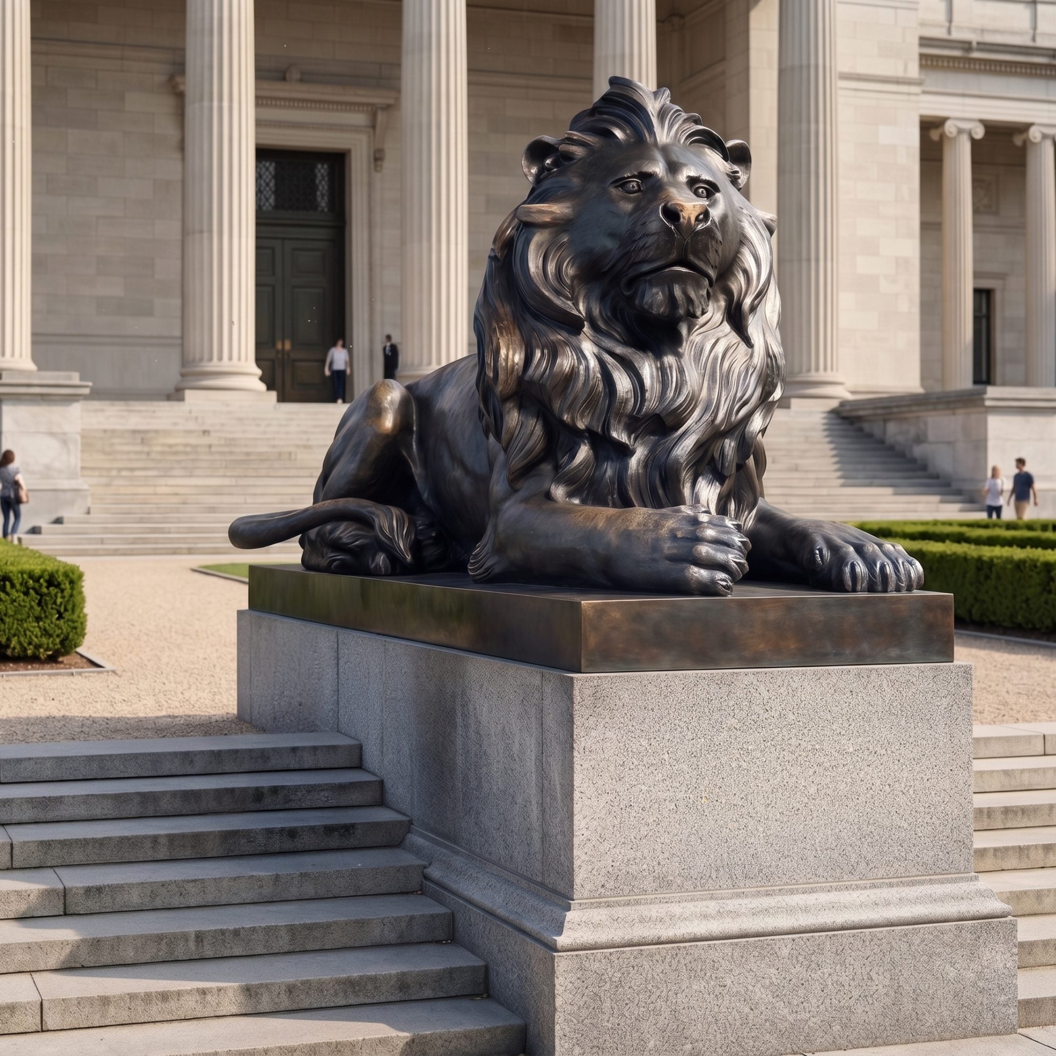 Monumental Classical Recumbent Lion Bronze Sculpture in dark antique patina by Giant Sculptures, on a light grey granite plinth outside a columned building.